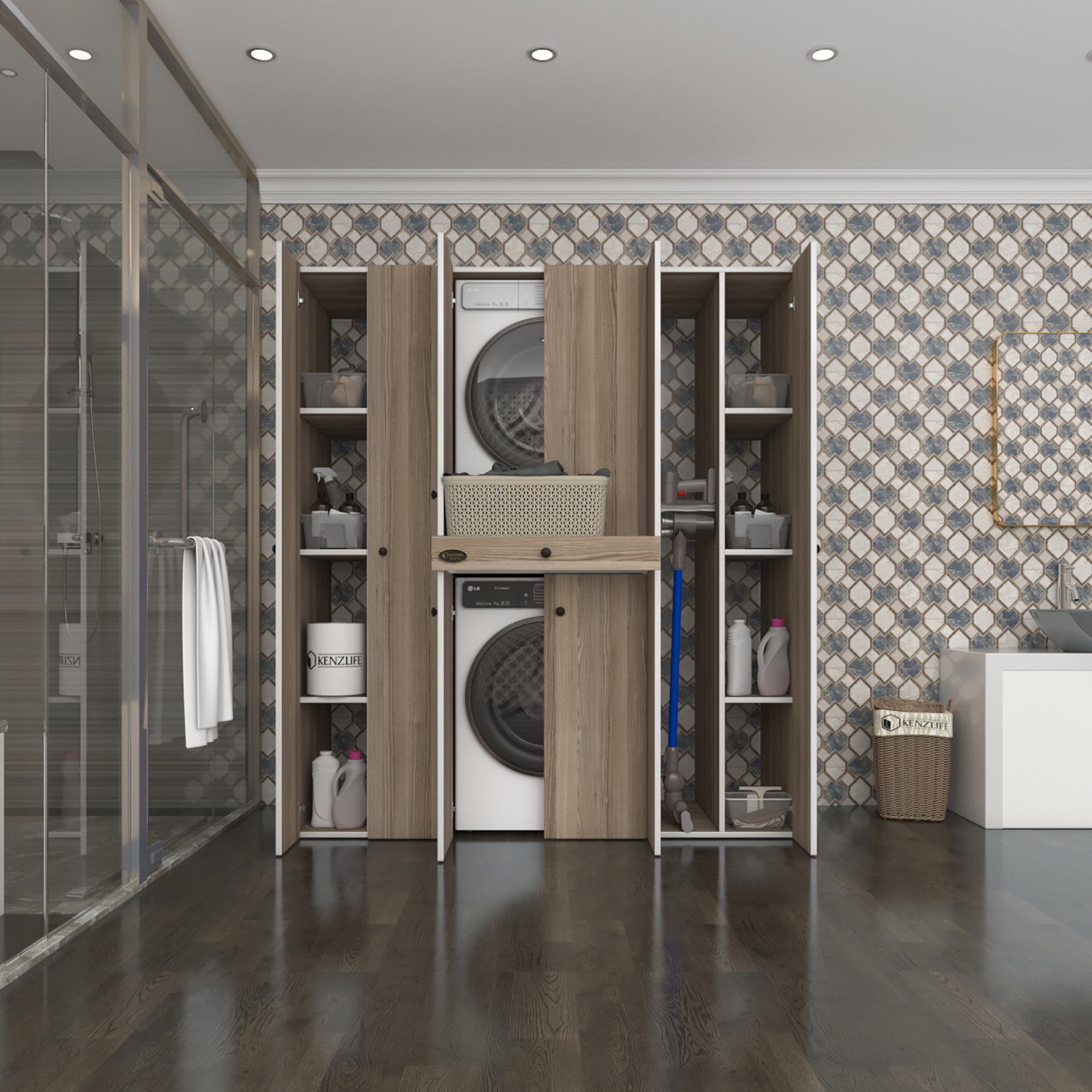 Kenzlife çamaşır-kurutma makinesi dolabı nazzam crd 187*170*60 çekmeceli raflı banyo