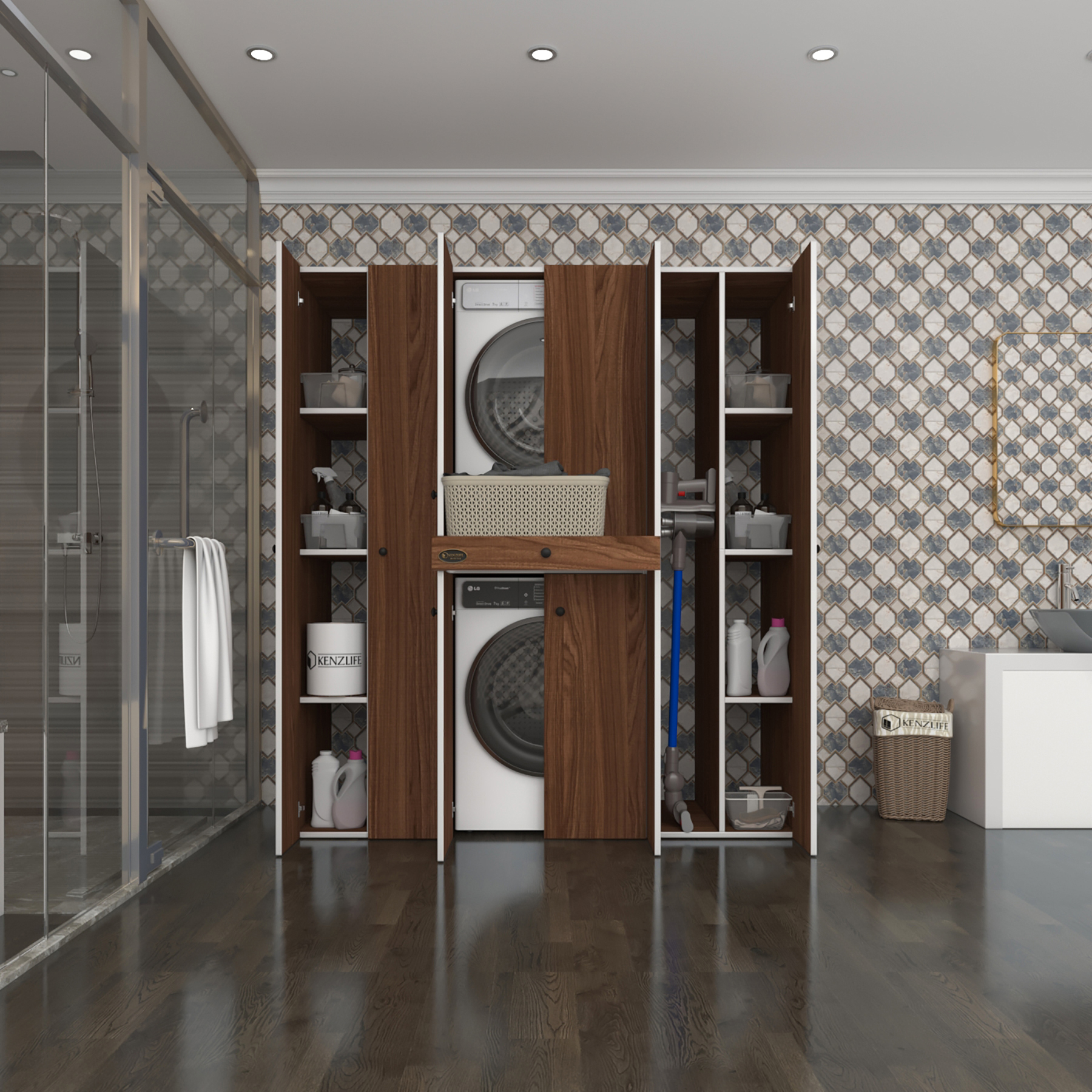 Kenzlife çamaşır-kurutma makinesi dolabı nazzam cvz 187*170*60 çekmeceli raflı banyo