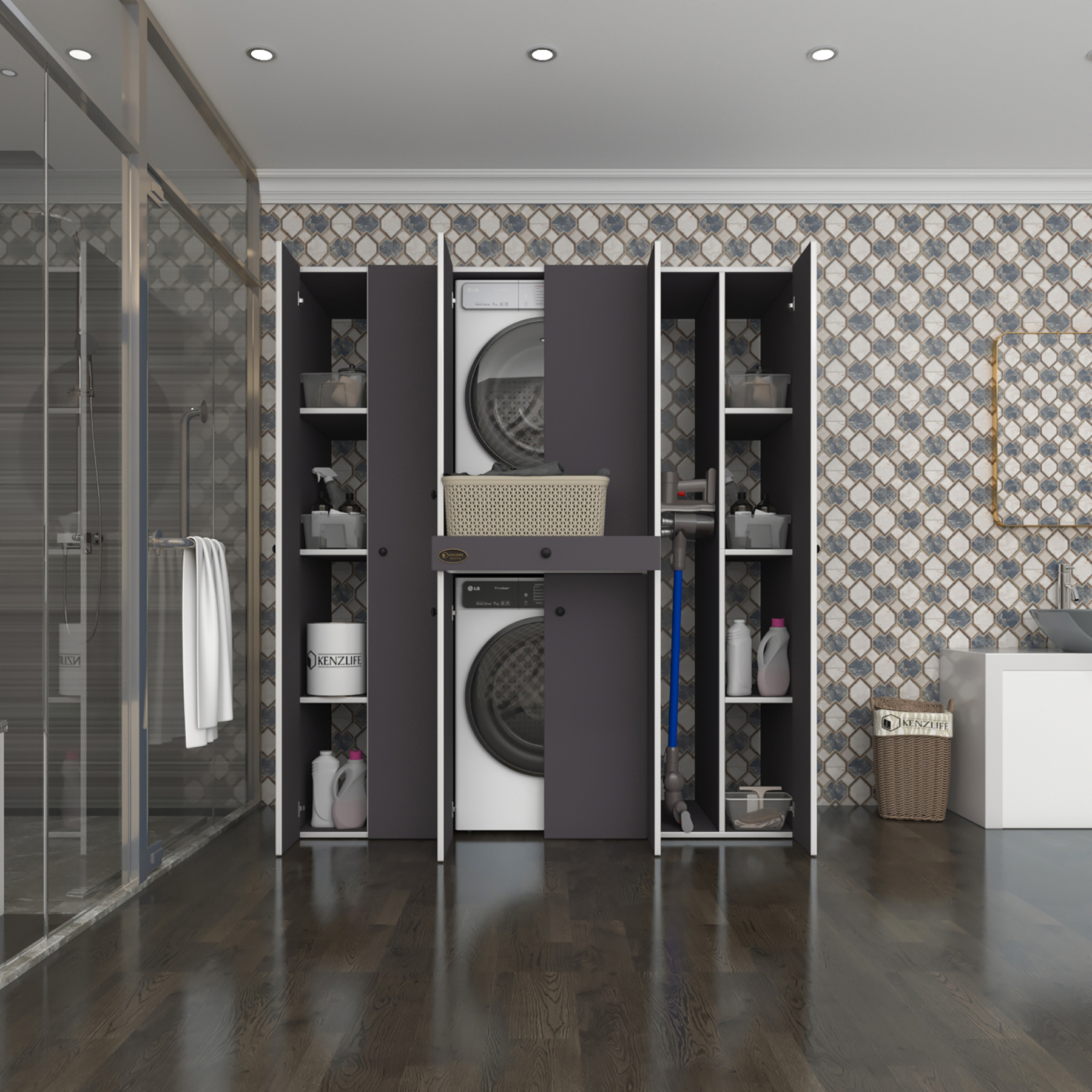 Kenzlife çamaşır-kurutma makinesi dolabı nazzam gri 187*170*60 çekmeceli raflı banyo