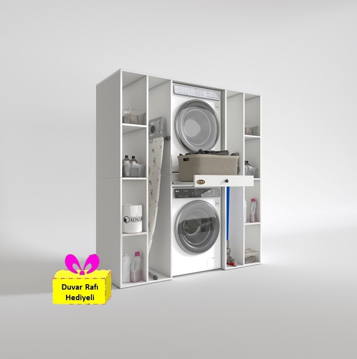 Kenzlife çamaşır-kurutma makinesi dolabı sadra byz 187*170*60 çekmeceli raflı + tekli duvar rafı hediye