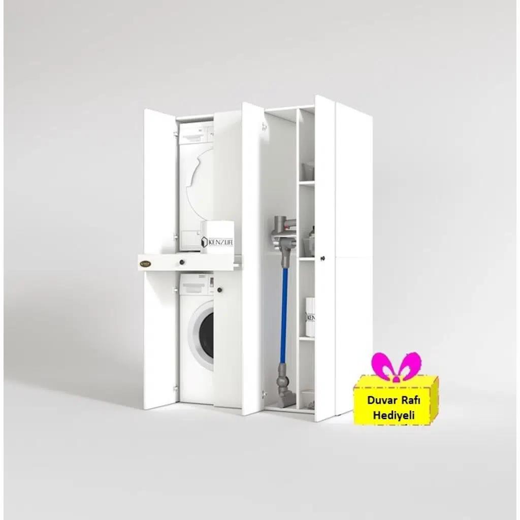 Kenzlife çamaşır-kurutma makinesi dolabı şahrur sağ byz 187*120*60 çekmeceli + tekli duvar rafı hediye