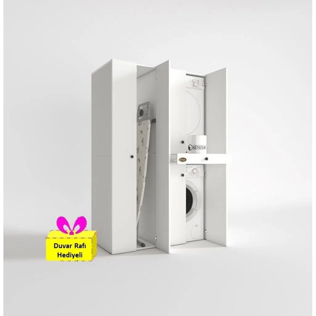 Kenzlife çamaşır-kurutma makinesi dolabı şahrur sol byz 187*120*60 çekmeceli + tekli duvar rafı hediye