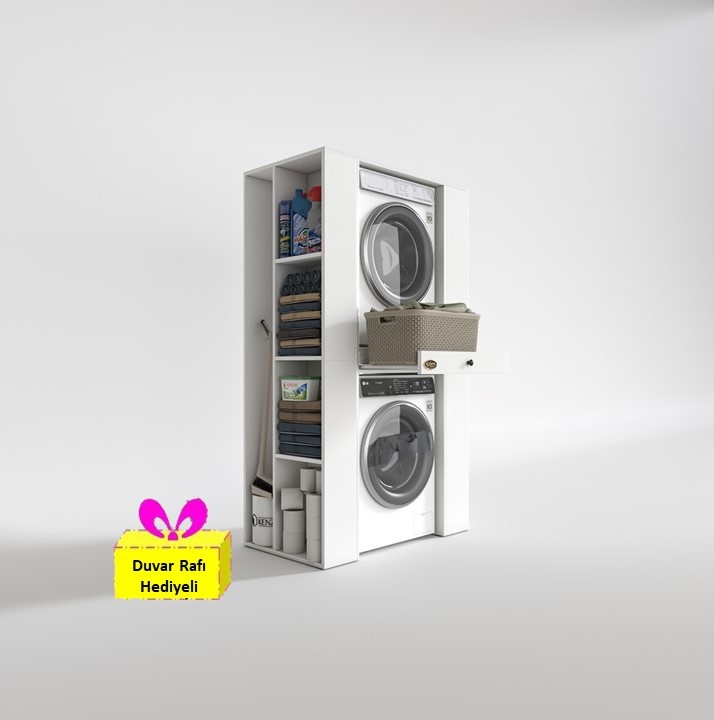 Kenzlife çamaşır-kurutma makinesi dolabı umare byz 187*110*60 çekmeceli raflı + tekli duvar rafı hediye