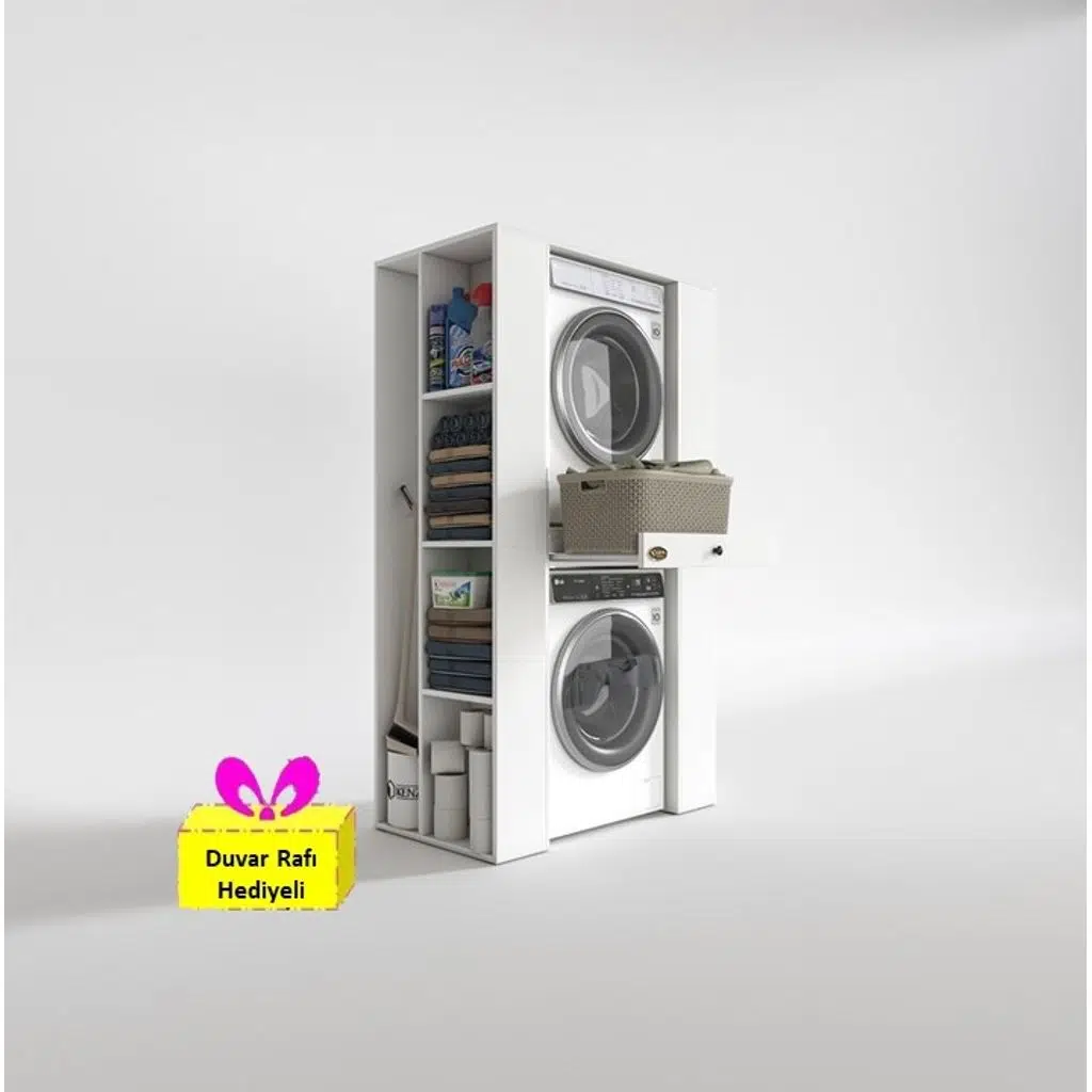 Kenzlife çamaşır-kurutma makinesi dolabı umare byz 187*110*60 çekmeceli raflı + tekli duvar rafı hediye