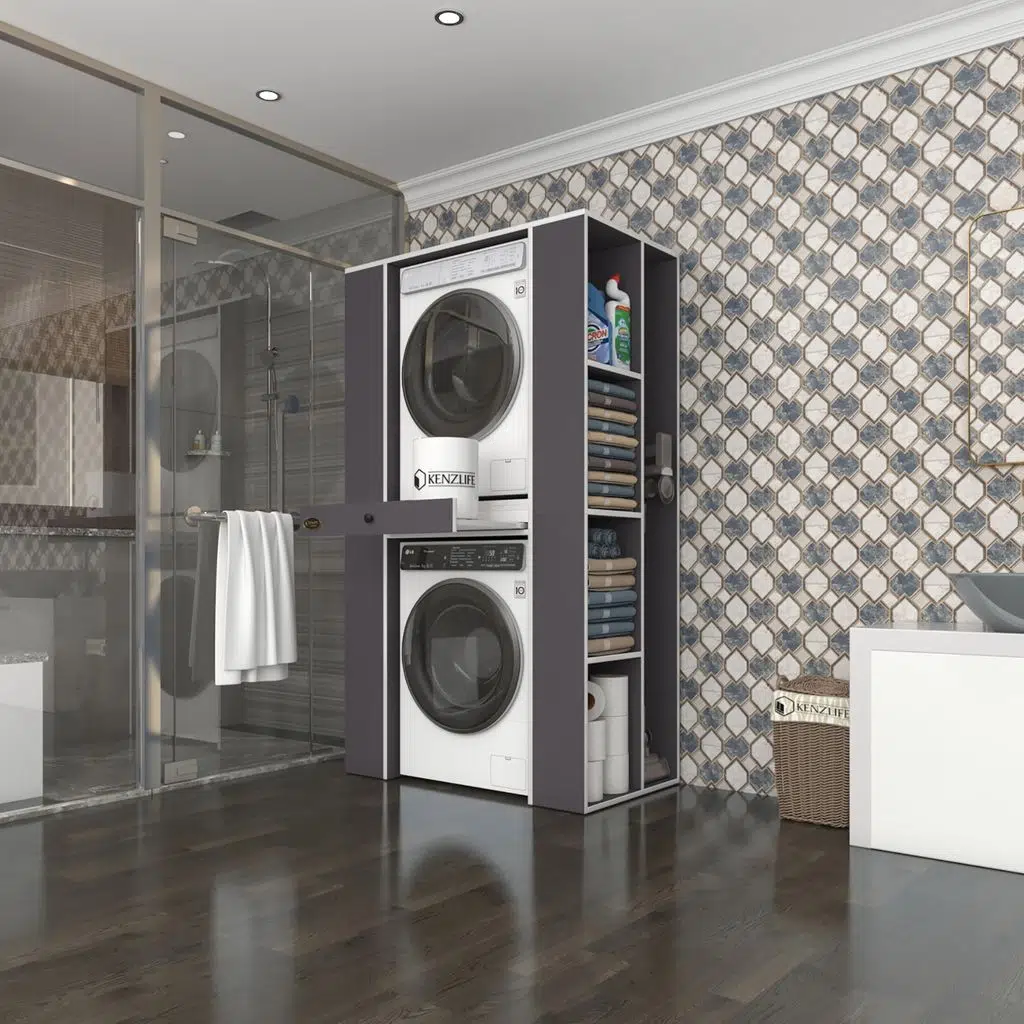 Kenzlife çamaşır-kurutma makinesi dolabı umare gri 187*110*60 çekmeceli raflı banyo