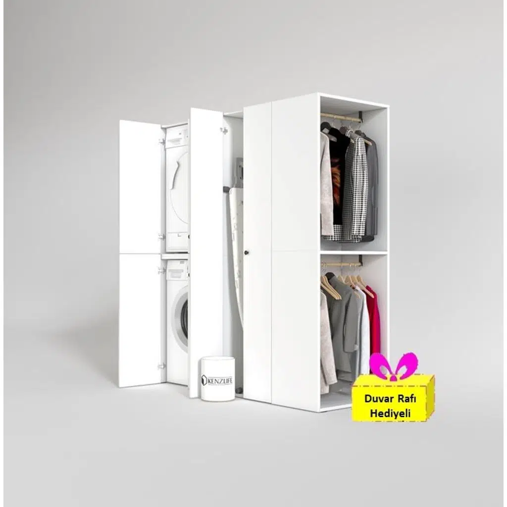 Kenzlife çamaşır-kurutma makinesi dolabı ve giysi dolabı bistami sağ byz 180*160*60 + tekli duvar rafı hediye