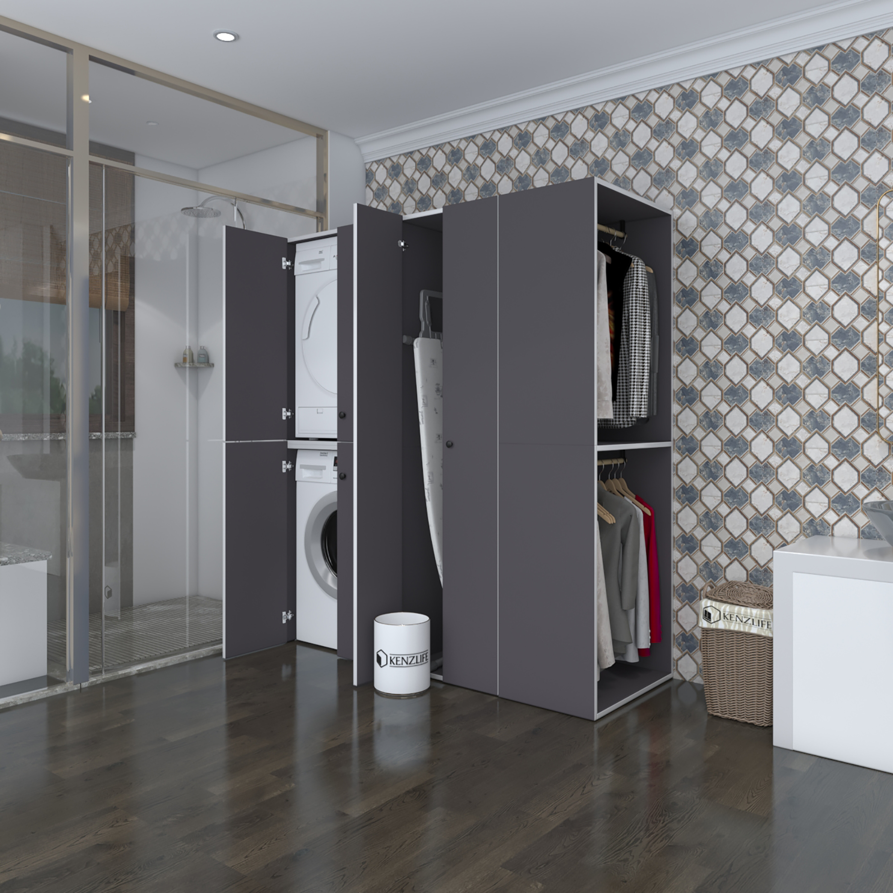 Kenzlife çamaşır-kurutma makinesi dolabı ve giysi dolabı bistami sağ gri 180*160*60 banyo