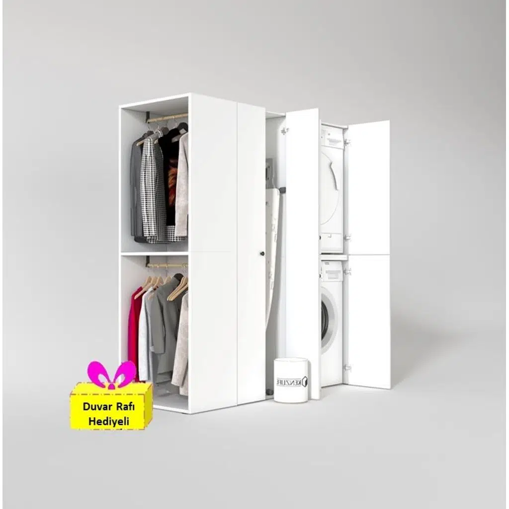 Kenzlife çamaşır-kurutma makinesi dolabı ve giysi dolabı bistami sol byz 180*160*60 + tekli duvar rafı hediye