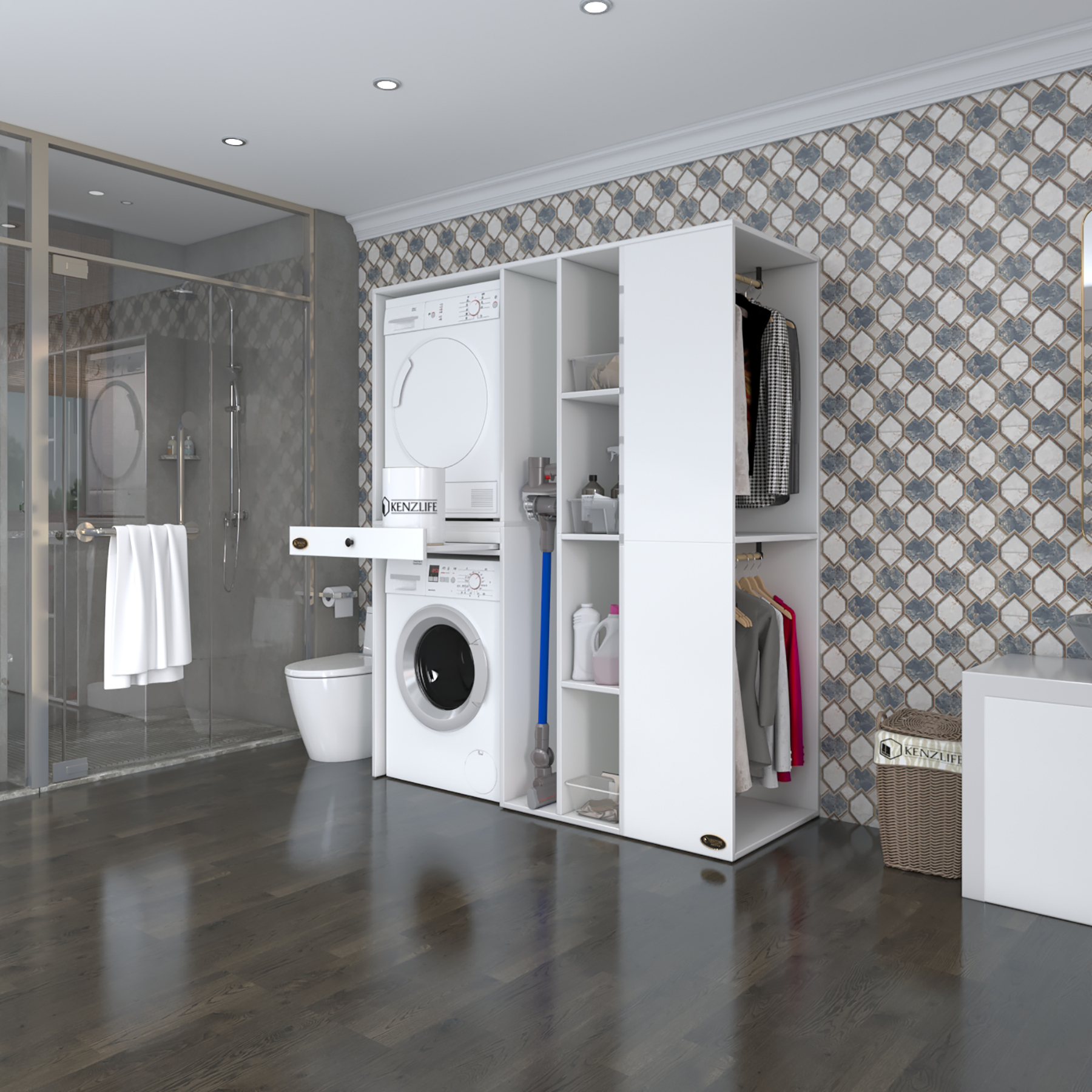 Kenzlife çamaşır-kurutma makinesi dolabı ve giysi dolabı çekmeceli attarmdf sağ byz 187*160*60 % 100 FULL MDF