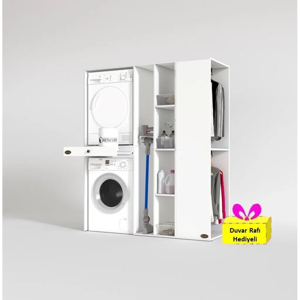 Kenzlife çamaşır-kurutma makinesi dolabı ve giysi dolabı çekmeceli attar sağ byz 187*160*60 + tekli duvar rafı hediye