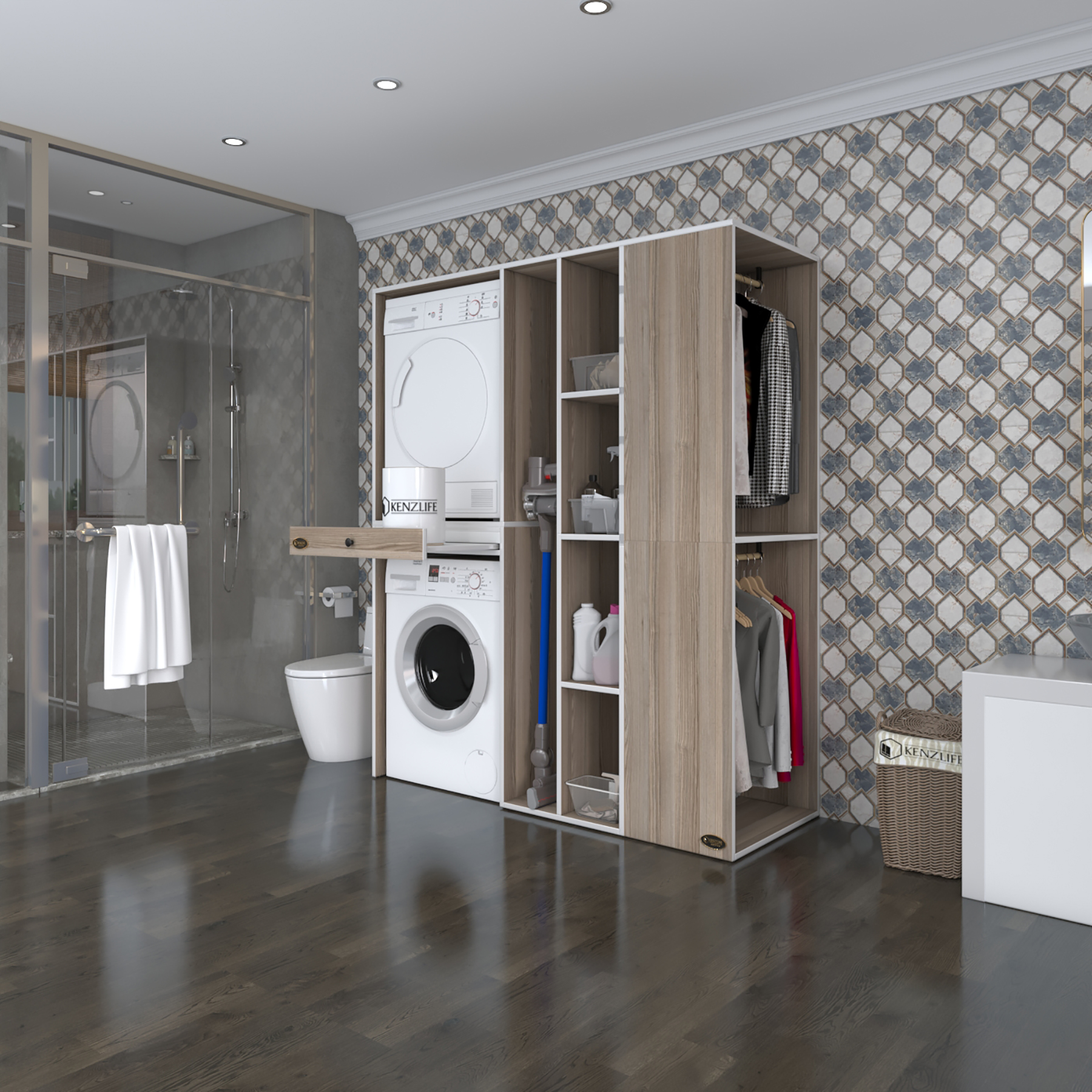Kenzlife çamaşır-kurutma makinesi dolabı ve giysi dolabı çekmeceli attar sağ crd 187*160*60 banyo