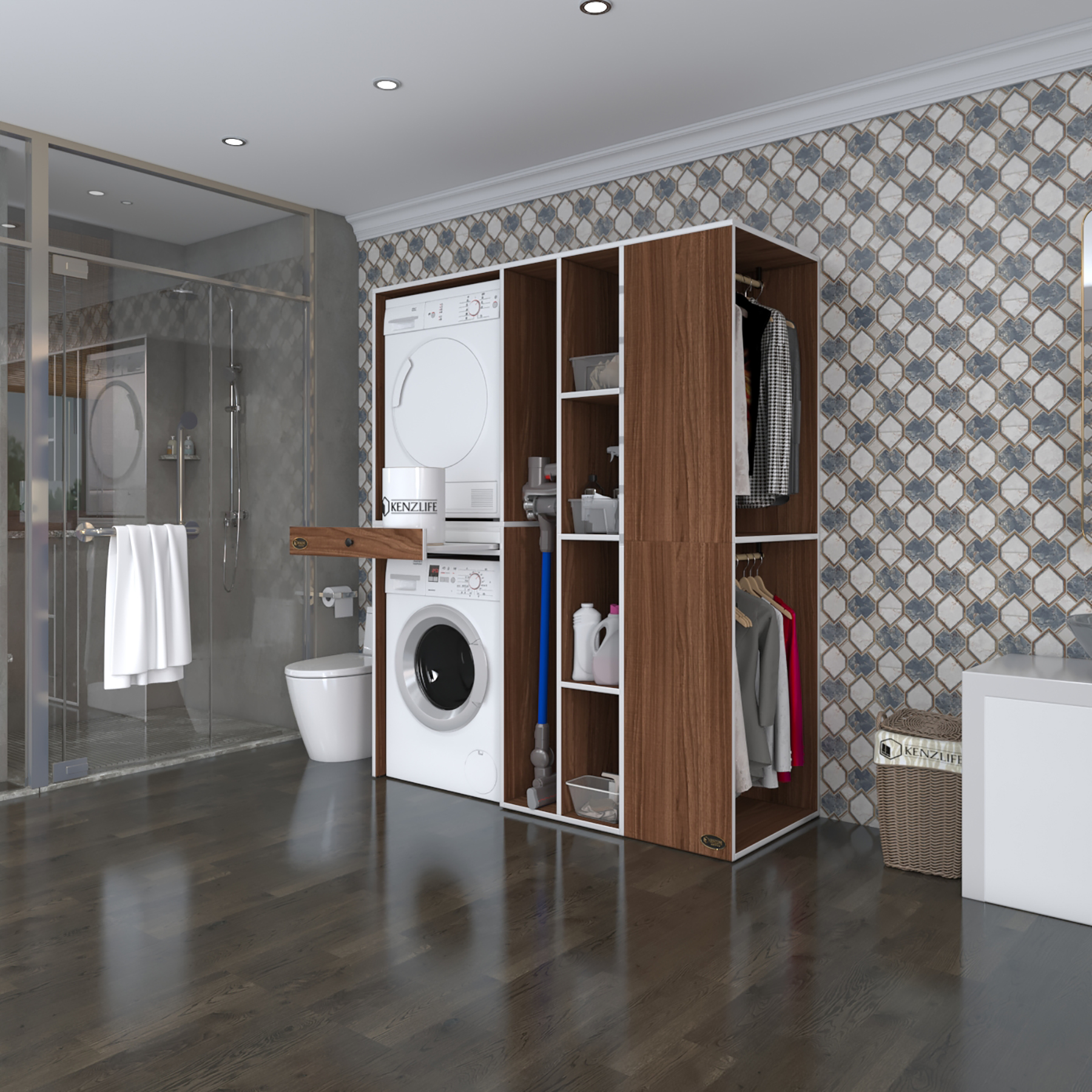 Kenzlife çamaşır-kurutma makinesi dolabı ve giysi dolabı çekmeceli attar sağ cvz 187*160*60 banyo