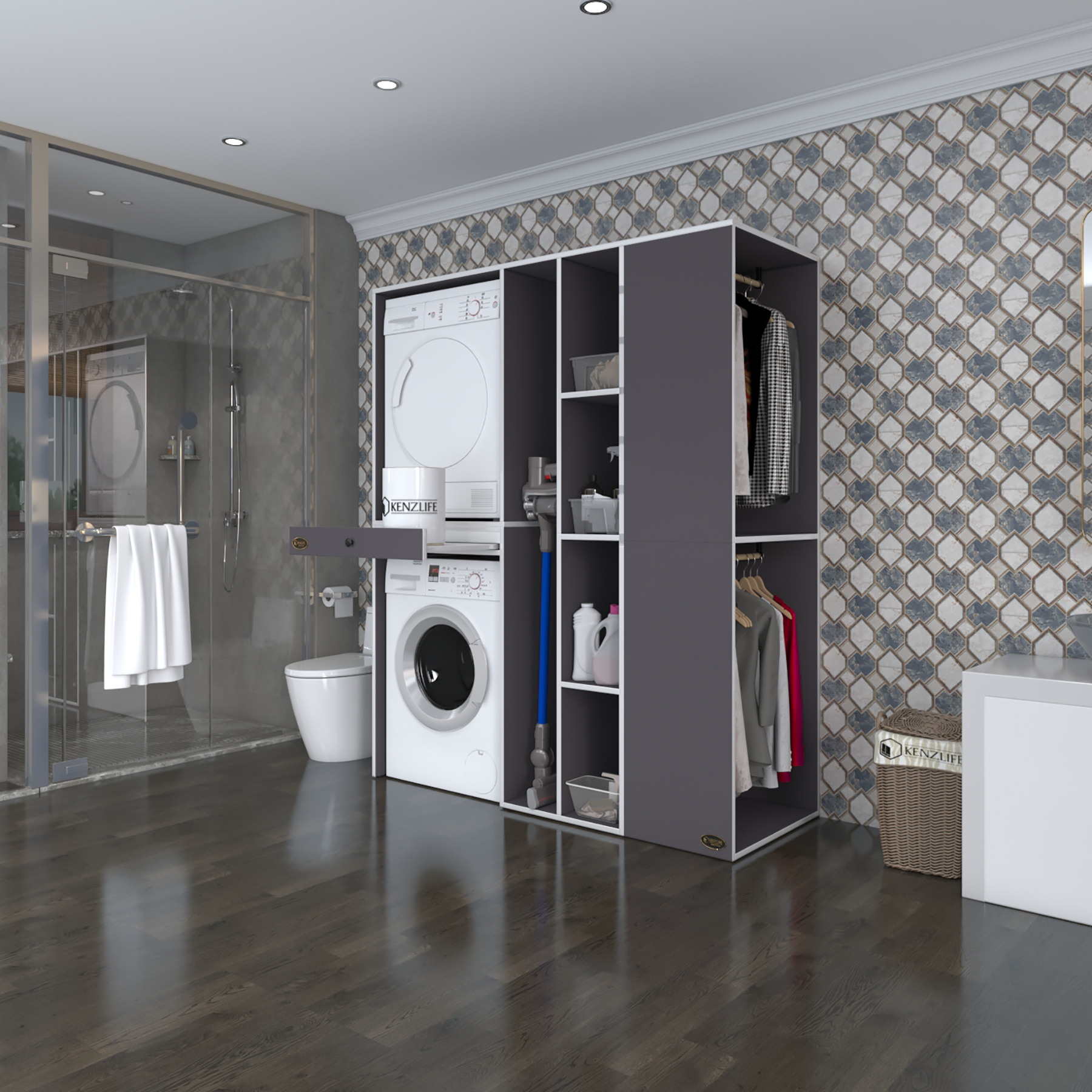 Kenzlife çamaşır-kurutma makinesi dolabı ve giysi dolabı çekmeceli attar sağ gri 187*160*60 banyo