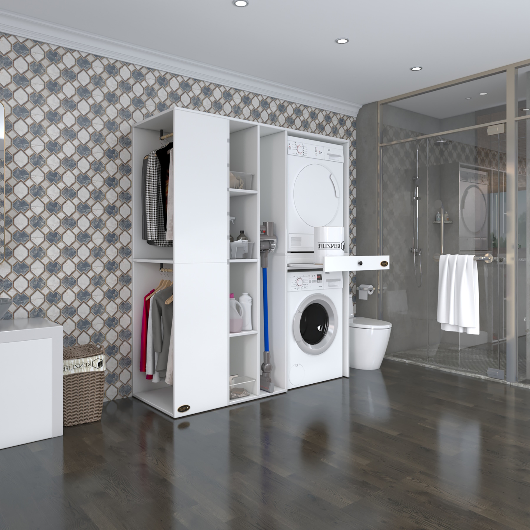 Kenzlife çamaşır-kurutma makinesi dolabı ve giysi dolabı çekmeceli attarmdf sol byz 187*160*60 % 100 FULL MDF