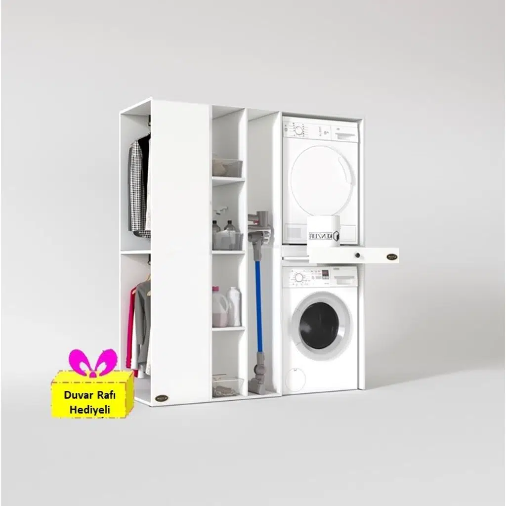 Kenzlife çamaşır-kurutma makinesi dolabı ve giysi dolabı çekmeceli attar sol byz 187*160*60 + tekli duvar rafı hediye