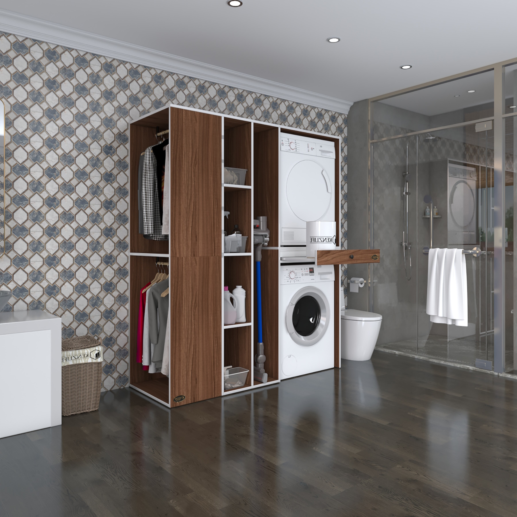 Kenzlife çamaşır-kurutma makinesi dolabı ve giysi dolabı çekmeceli attar sol cvz 187*160*60 banyo