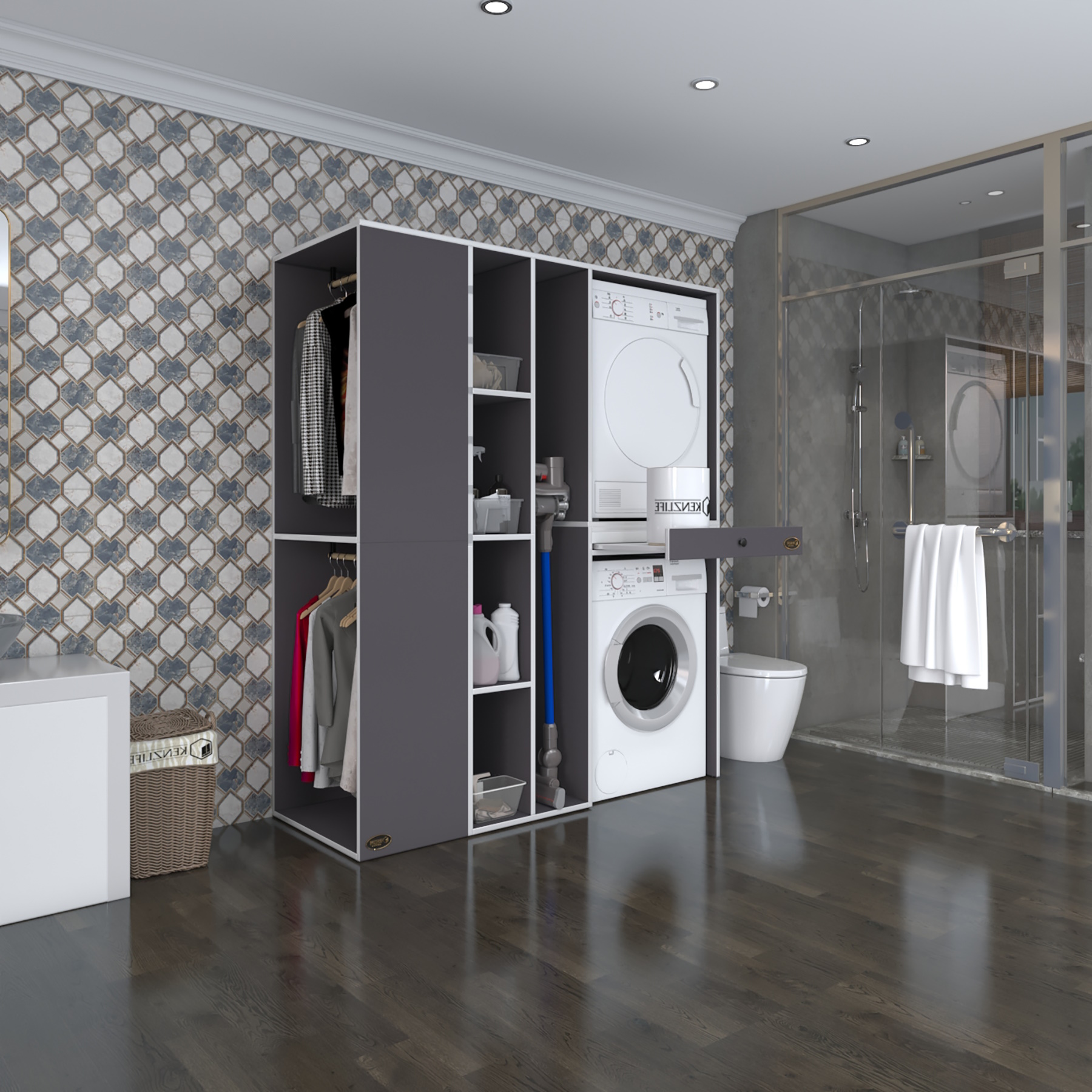Kenzlife çamaşır-kurutma makinesi dolabı ve giysi dolabı çekmeceli attar sol gri 187*160*60 banyo