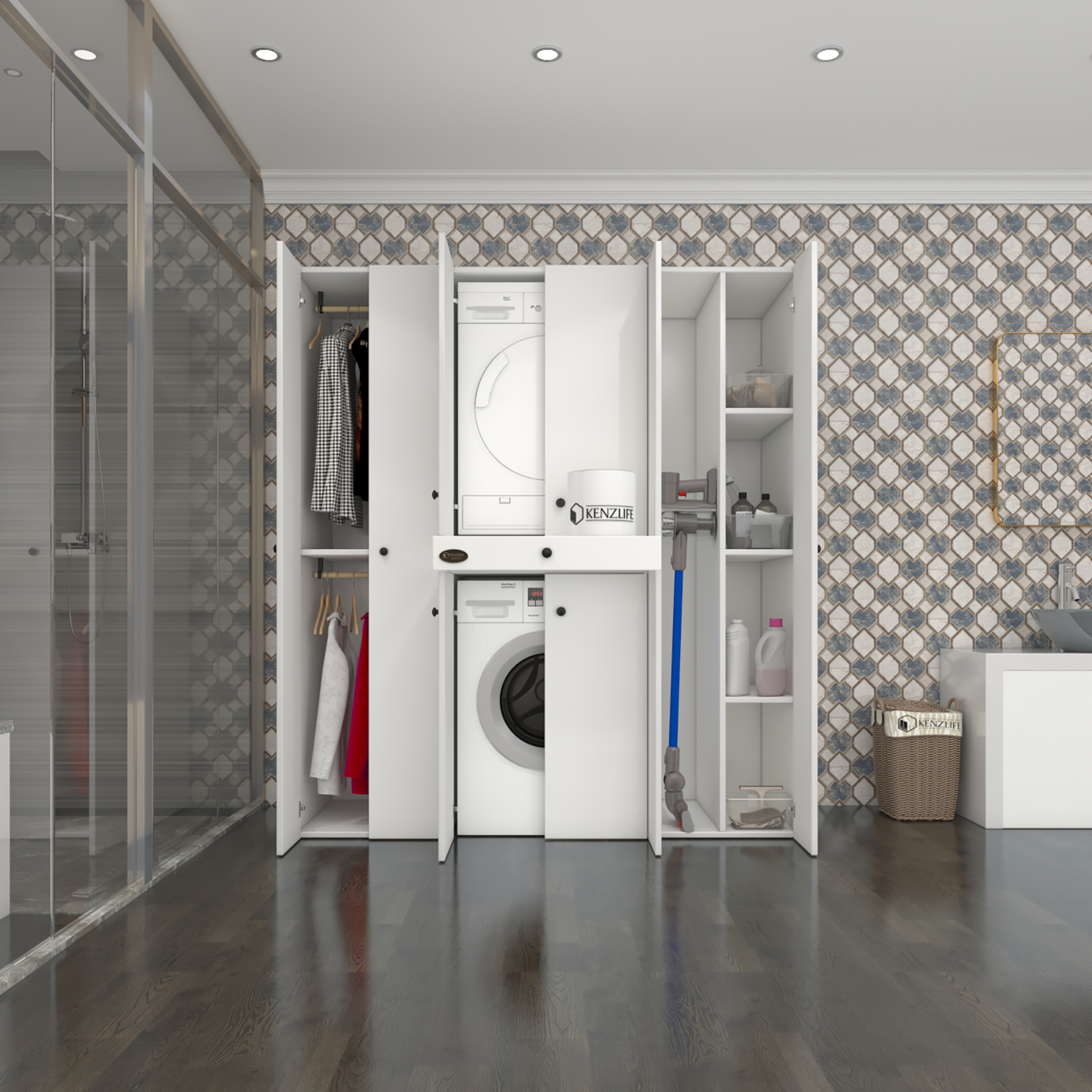 Kenzlife çamaşır-kurutma makinesi dolabı ve giysi dolabı çekmeceli ebuzermdf sağ raf byz 187*160*60 % 100 FULL MDF