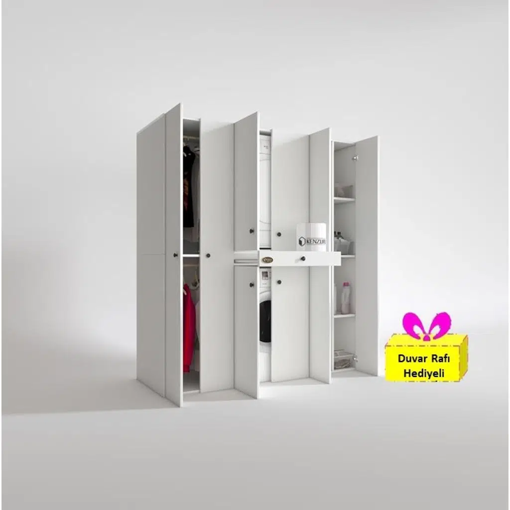 Kenzlife çamaşır-kurutma makinesi dolabı ve giysi dolabı çekmeceli ebuzer sağ raf byz 187*160*60 + tekli duvar rafı hediye
