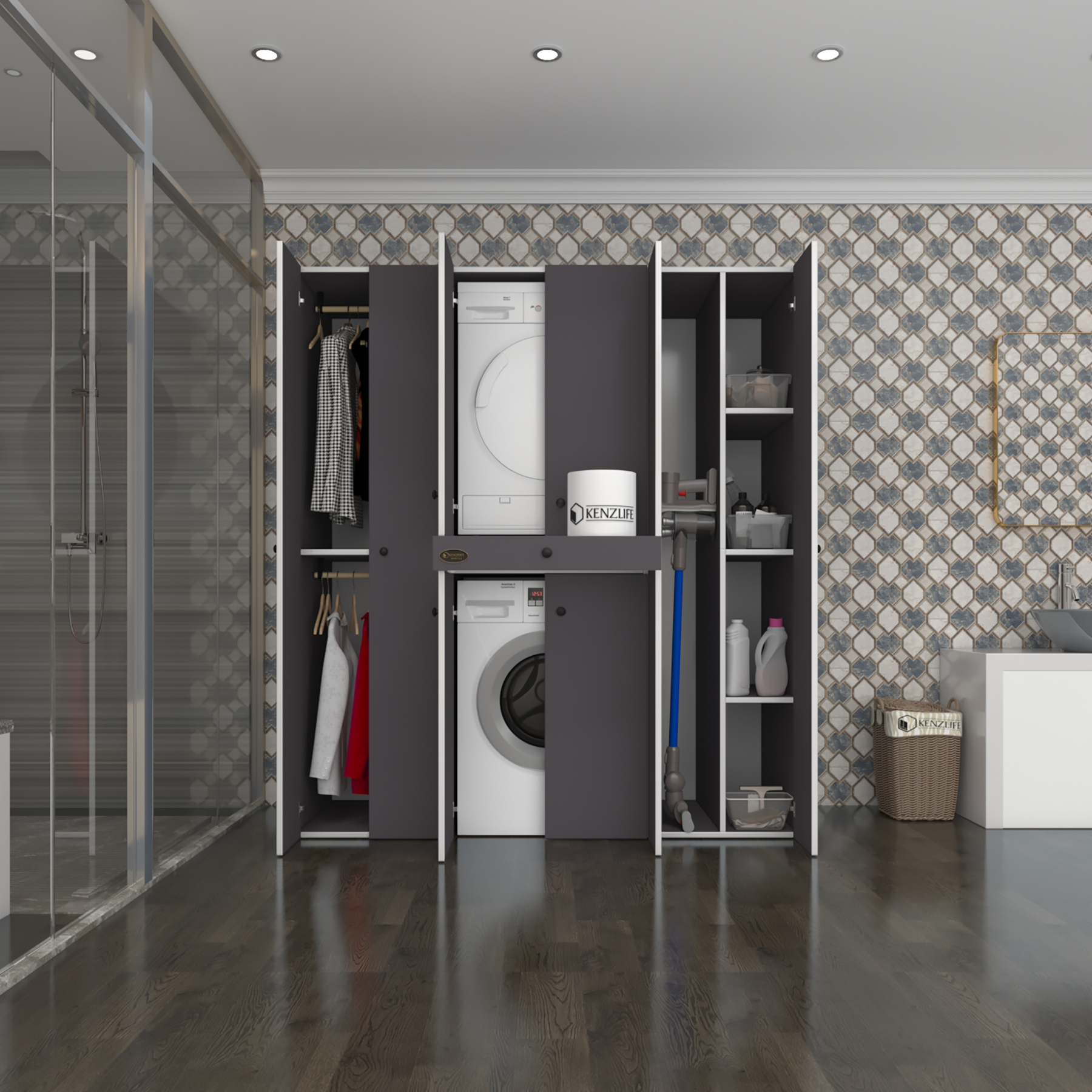 Kenzlife çamaşır-kurutma makinesi dolabı ve giysi dolabı çekmeceli ebuzer sağ raf gri 187*160*60 banyo