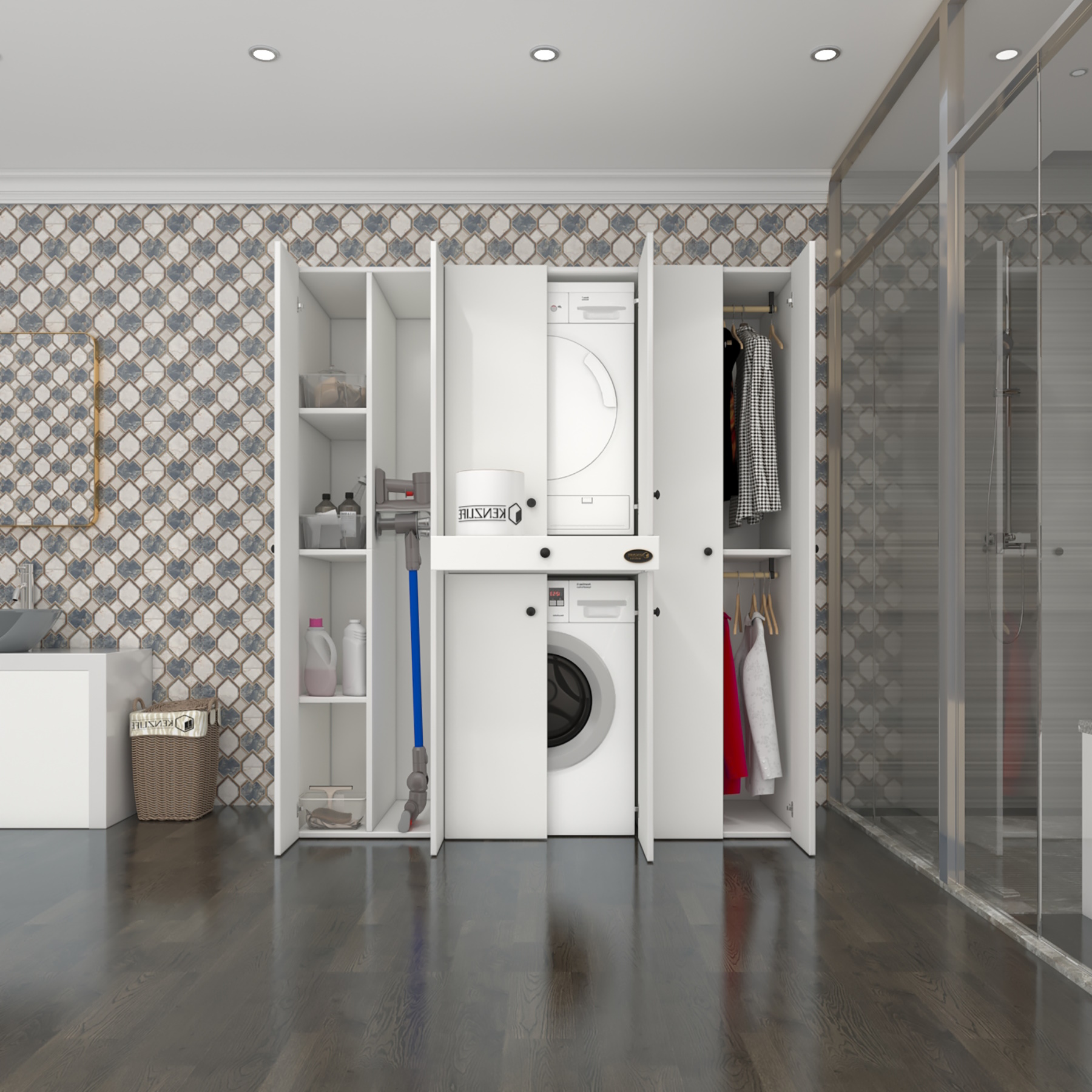 Kenzlife çamaşır-kurutma makinesi dolabı ve giysi dolabı çekmeceli ebuzermdf sol raf byz 187*160*60 % 100 FULL MDF