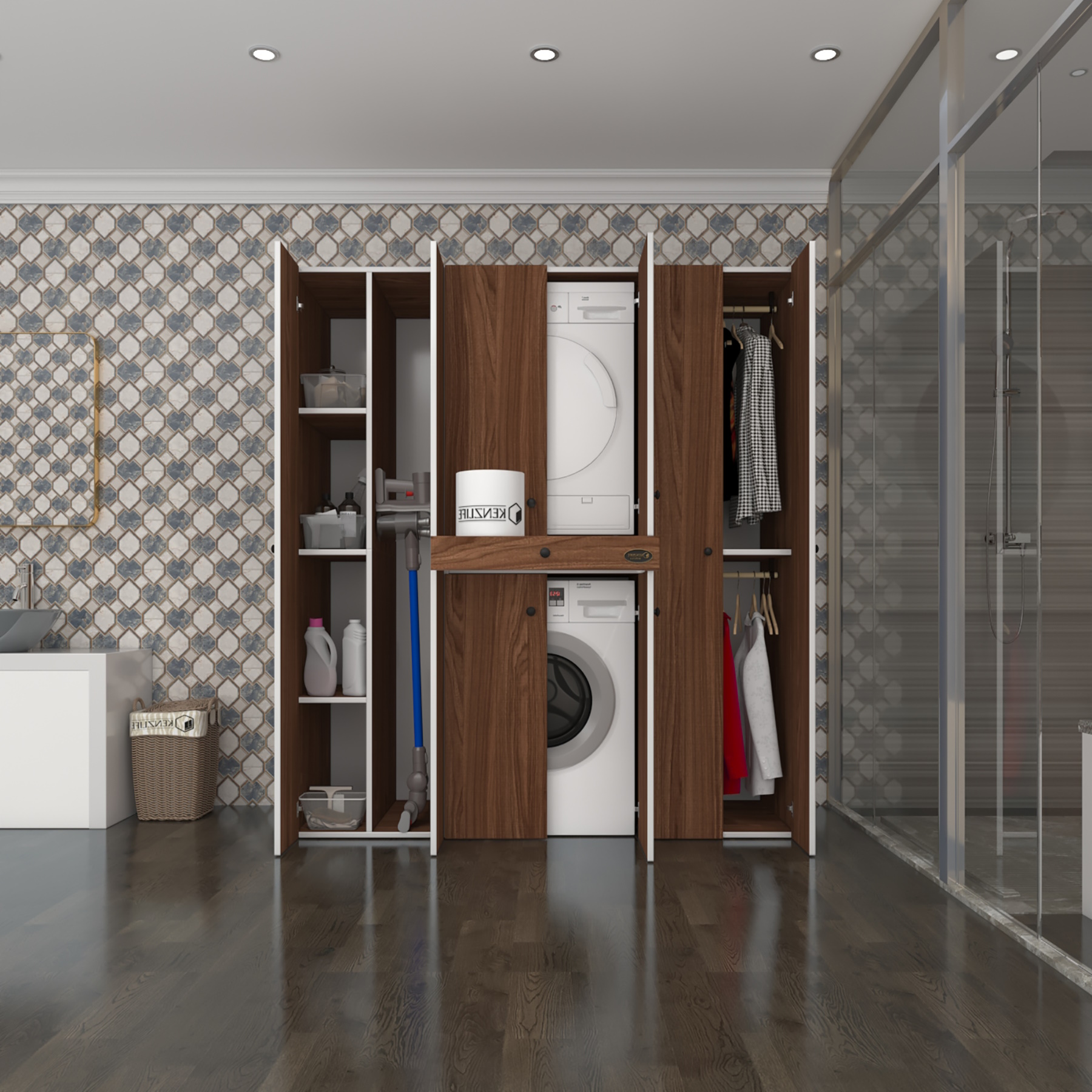 Kenzlife çamaşır-kurutma makinesi dolabı ve giysi dolabı çekmeceli ebuzer sol raf cvz 187*160*60 banyo