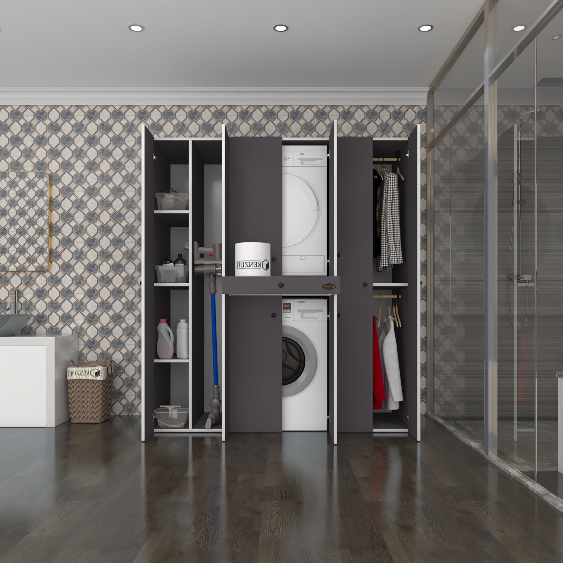 Kenzlife çamaşır-kurutma makinesi dolabı ve giysi dolabı çekmeceli ebuzer sol raf gri 187*160*60 banyo