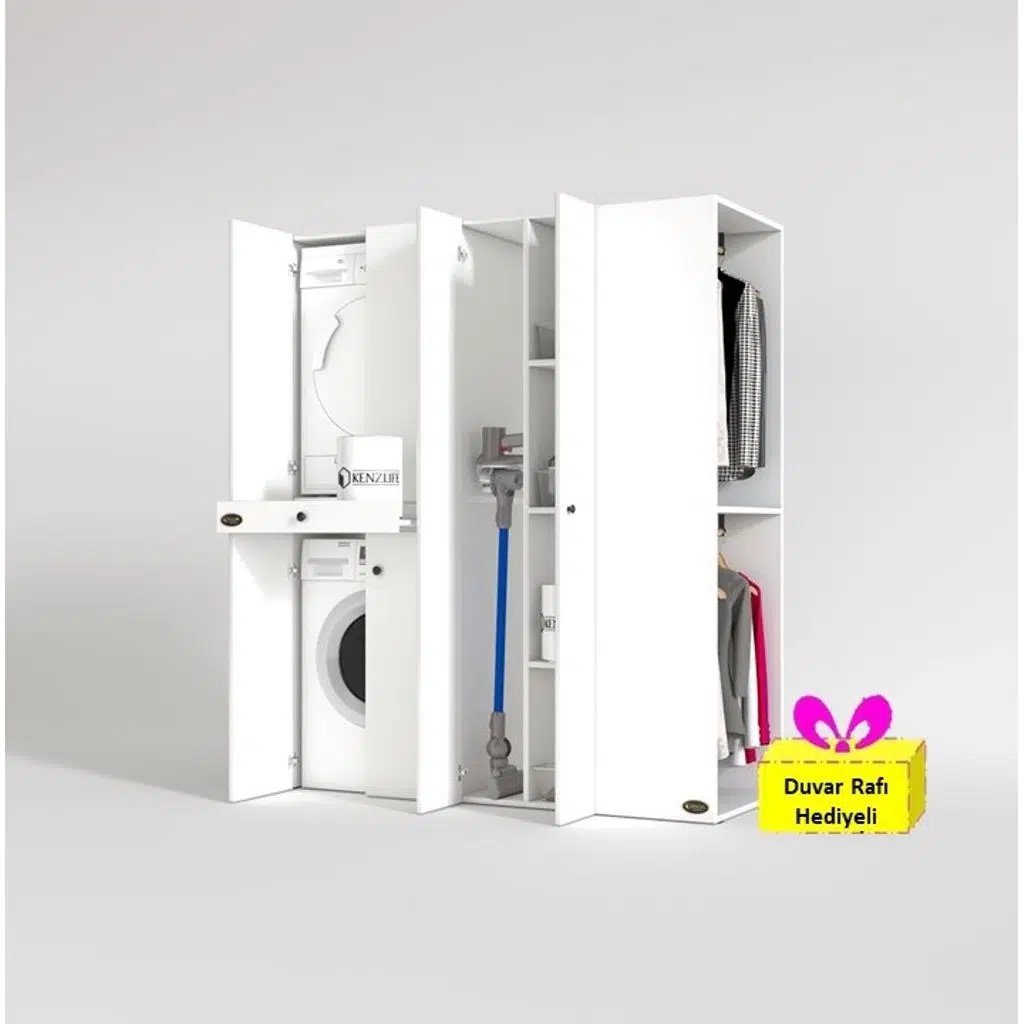 Kenzlife çamaşır-kurutma makinesi dolabı ve giysi dolabı çekmeceli eşari sağ byz 187*160*60 + tekli duvar rafı hediye