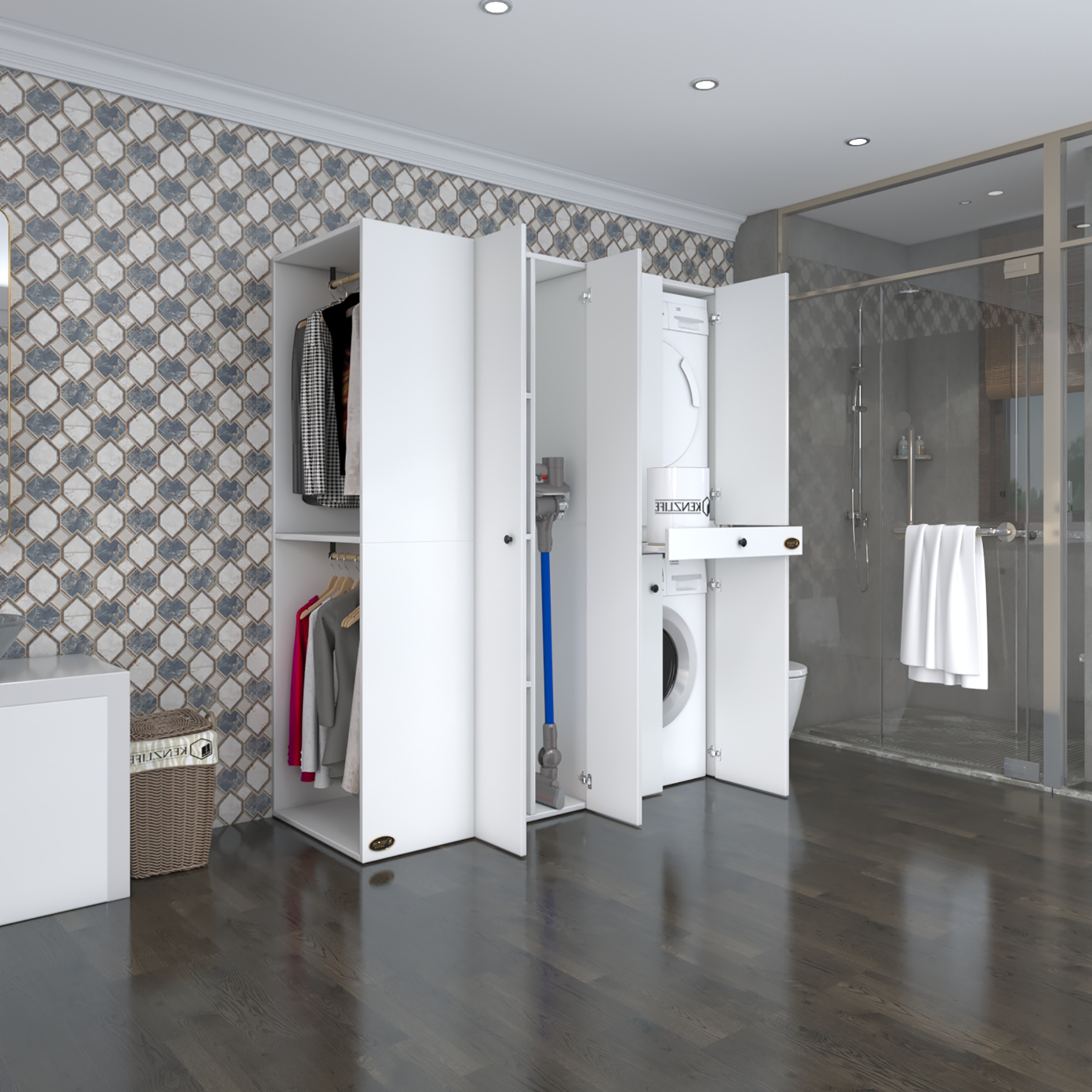Kenzlife çamaşır-kurutma makinesi dolabı ve giysi dolabı çekmeceli eşarimdf sol byz 187*160*60 % 100 FULL MDF