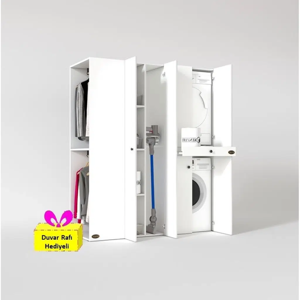 Kenzlife çamaşır-kurutma makinesi dolabı ve giysi dolabı çekmeceli eşari sol byz 187*160*60 + tekli duvar rafı hediye