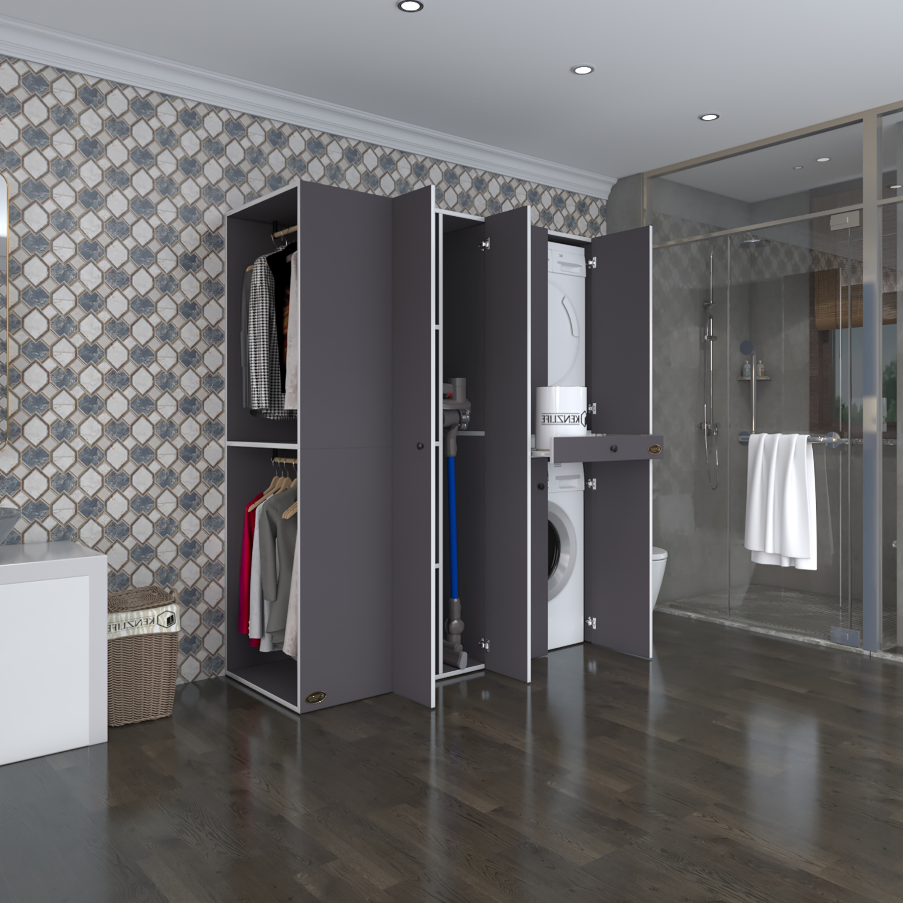 Kenzlife çamaşır-kurutma makinesi dolabı ve giysi dolabı çekmeceli eşari sol gri 187*160*60 banyo