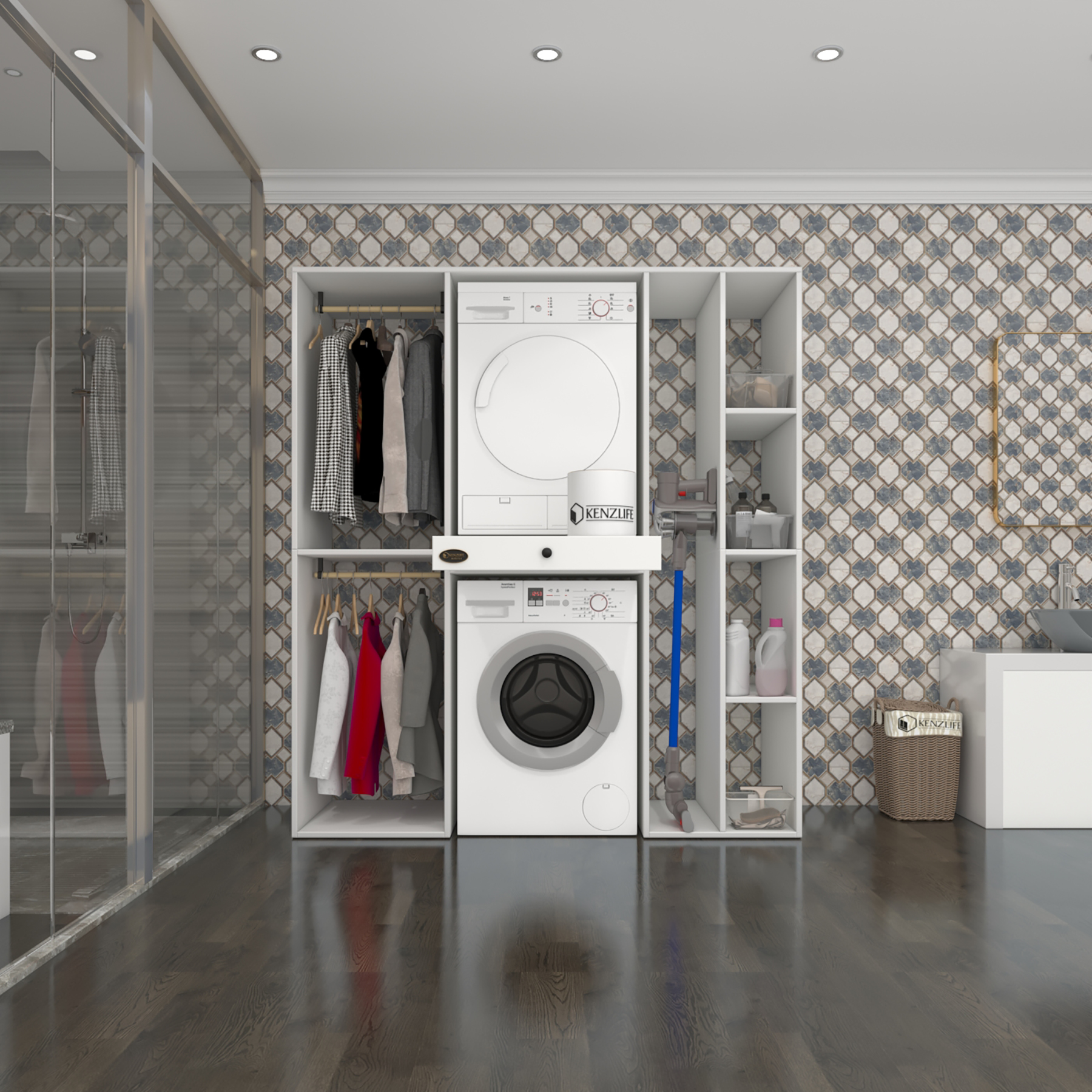 Kenzlife çamaşır-kurutma makinesi dolabı ve giysi dolabı çekmeceli hattab sağ raf byz 187*160*60 banyo
