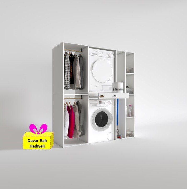 Kenzlife çamaşır-kurutma makinesi dolabı ve giysi dolabı çekmeceli hattab sağ raf byz 187*160*60 + tekli duvar rafı hediye