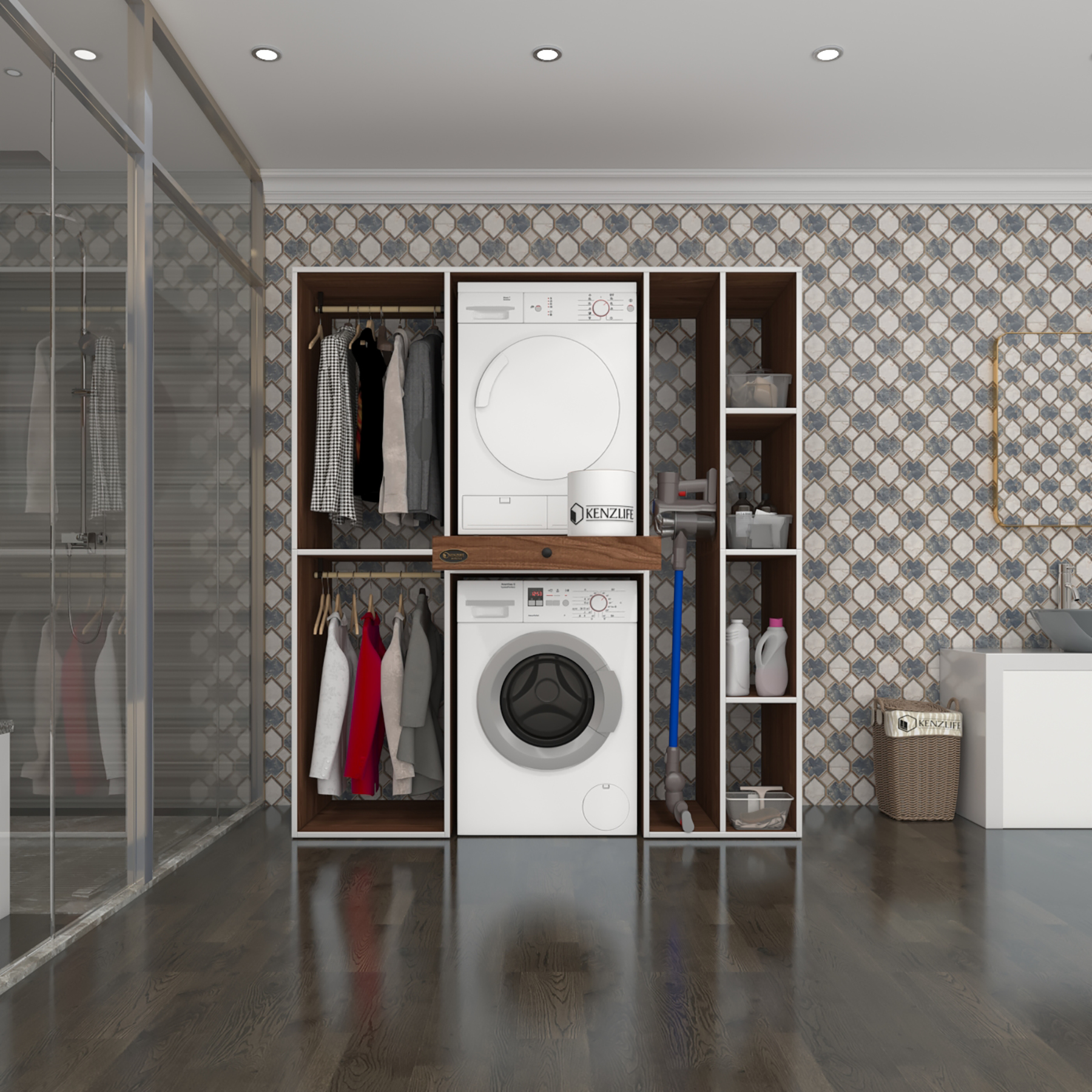 Kenzlife çamaşır-kurutma makinesi dolabı ve giysi dolabı çekmeceli hattab sağ raf cvz 187*160*60 banyo