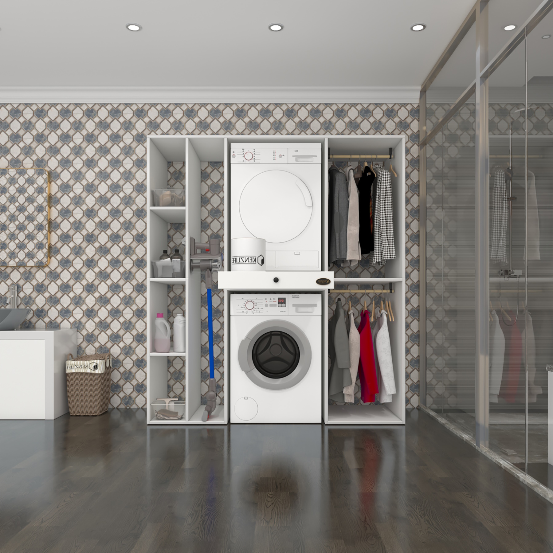 Kenzlife çamaşır-kurutma makinesi dolabı ve giysi dolabı çekmeceli hattabmdf sol raf byz 187*160*60 % 100 FULL MDF