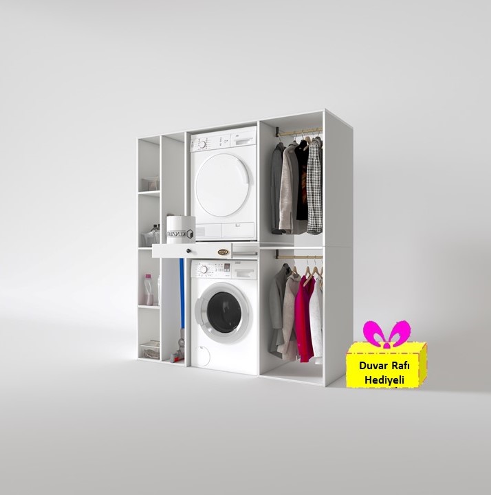 Kenzlife çamaşır-kurutma makinesi dolabı ve giysi dolabı çekmeceli hattab sol raf byz 187*160*60 + tekli duvar rafı hediye