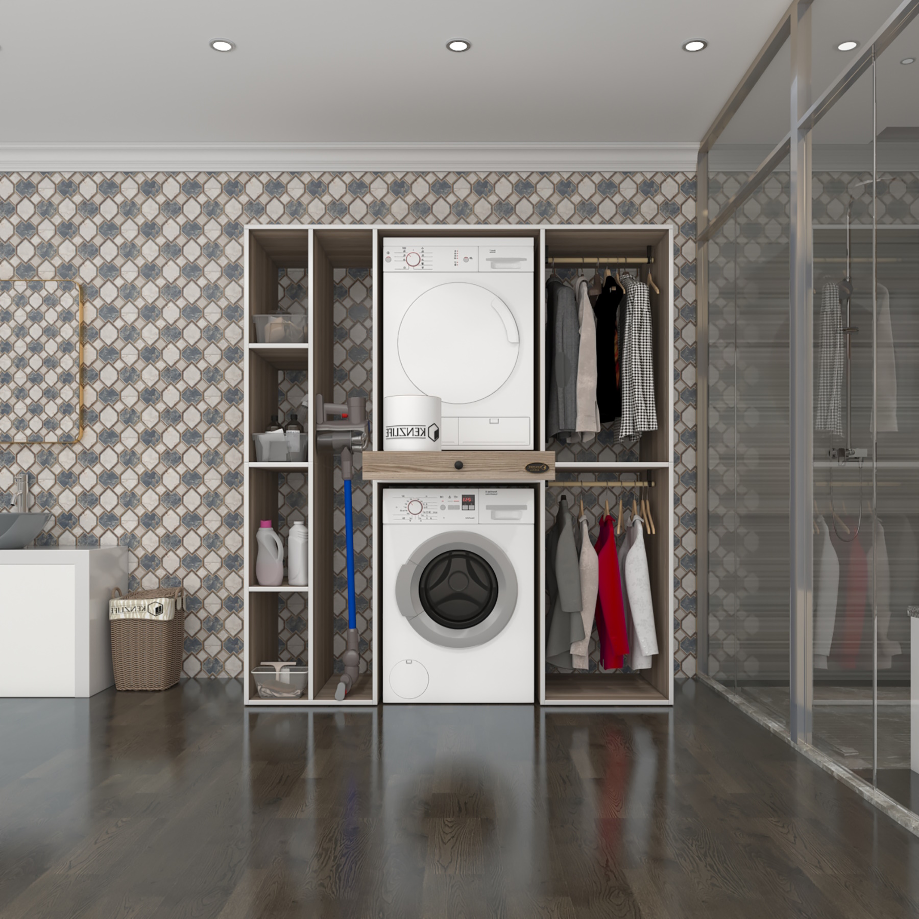 Kenzlife çamaşır-kurutma makinesi dolabı ve giysi dolabı çekmeceli hattab sol raf crd 187*160*60 banyo