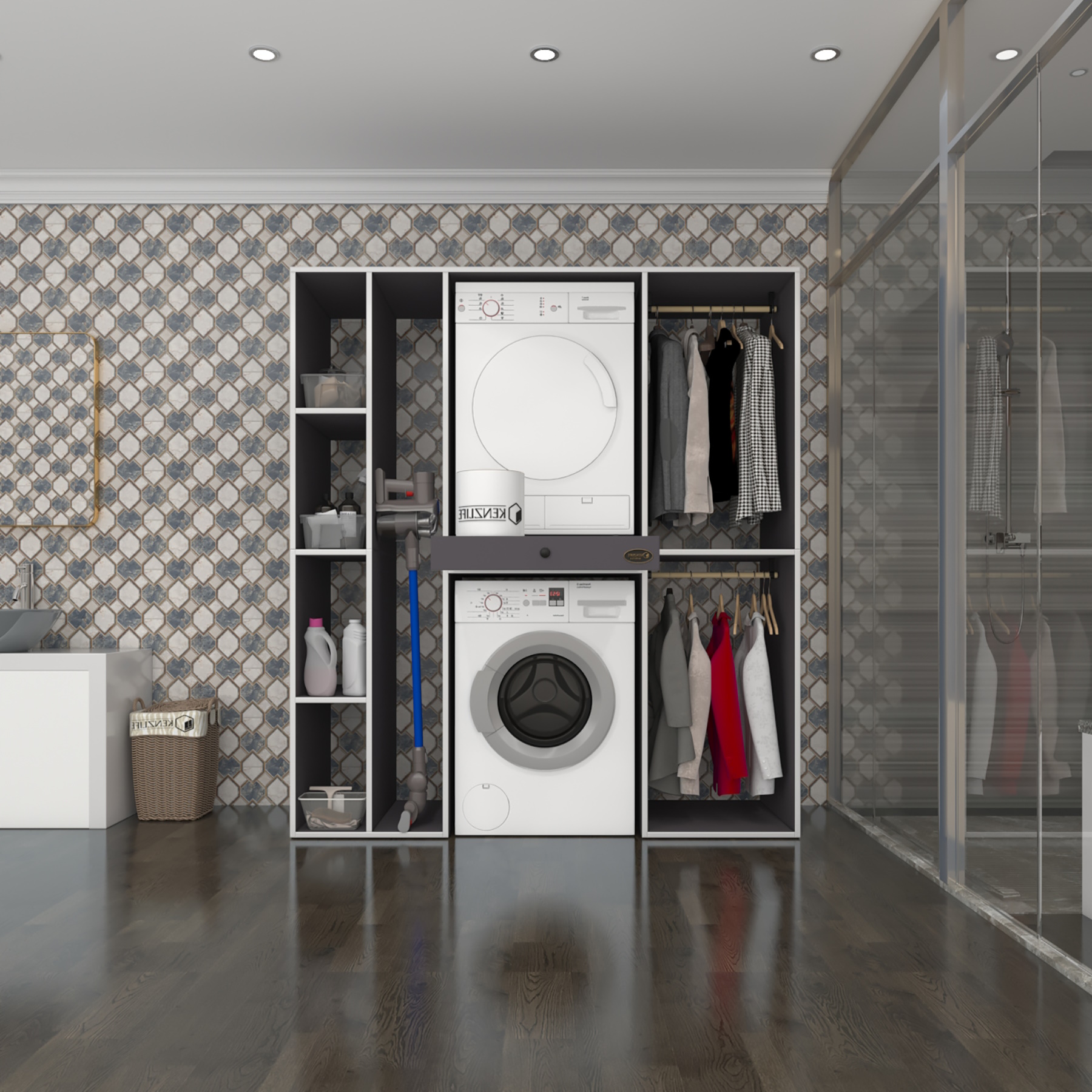 Kenzlife çamaşır-kurutma makinesi dolabı ve giysi dolabı çekmeceli hattab sol raf gri 187*160*60 banyo