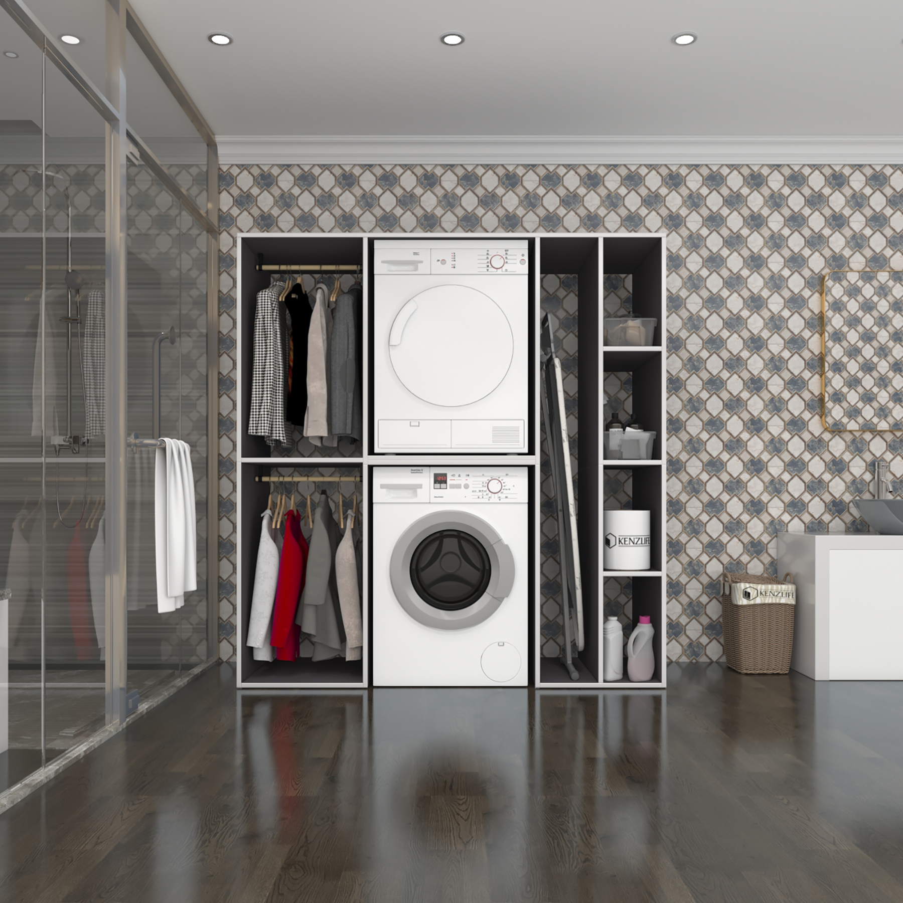 Kenzlife çamaşır-kurutma makinesi dolabı ve giysi dolabı cevheri sağ gri 180*170*60 banyo