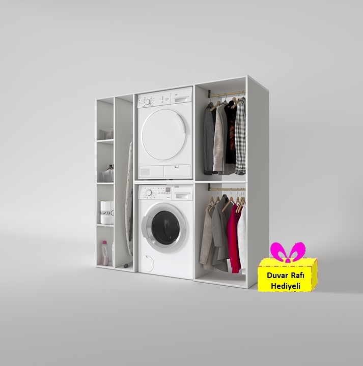 Kenzlife çamaşır-kurutma makinesi dolabı ve giysi dolabı cevheri sol byz 180*170*60 + tekli duvar rafı hediye