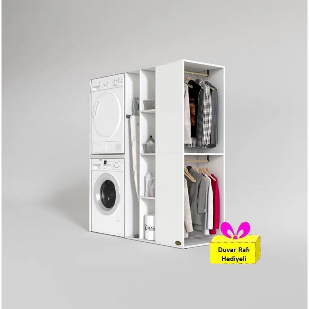 Kenzlife çamaşır-kurutma makinesi dolabı ve giysi dolabı kazvini sağ byz 180*160*60 + tekli duvar rafı hediye
