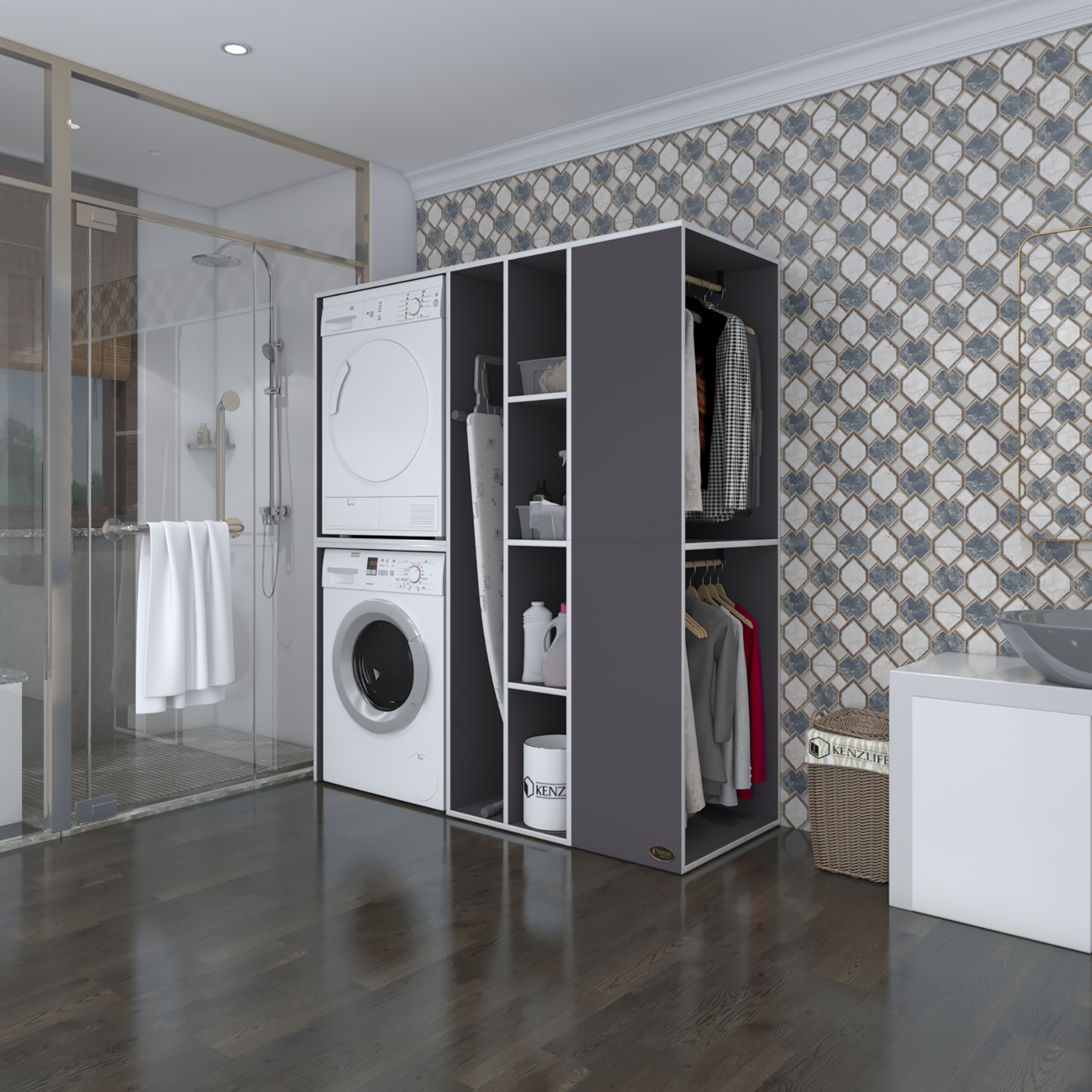 Kenzlife çamaşır-kurutma makinesi dolabı ve giysi dolabı kazvini sağ gri 180*160*60 banyo