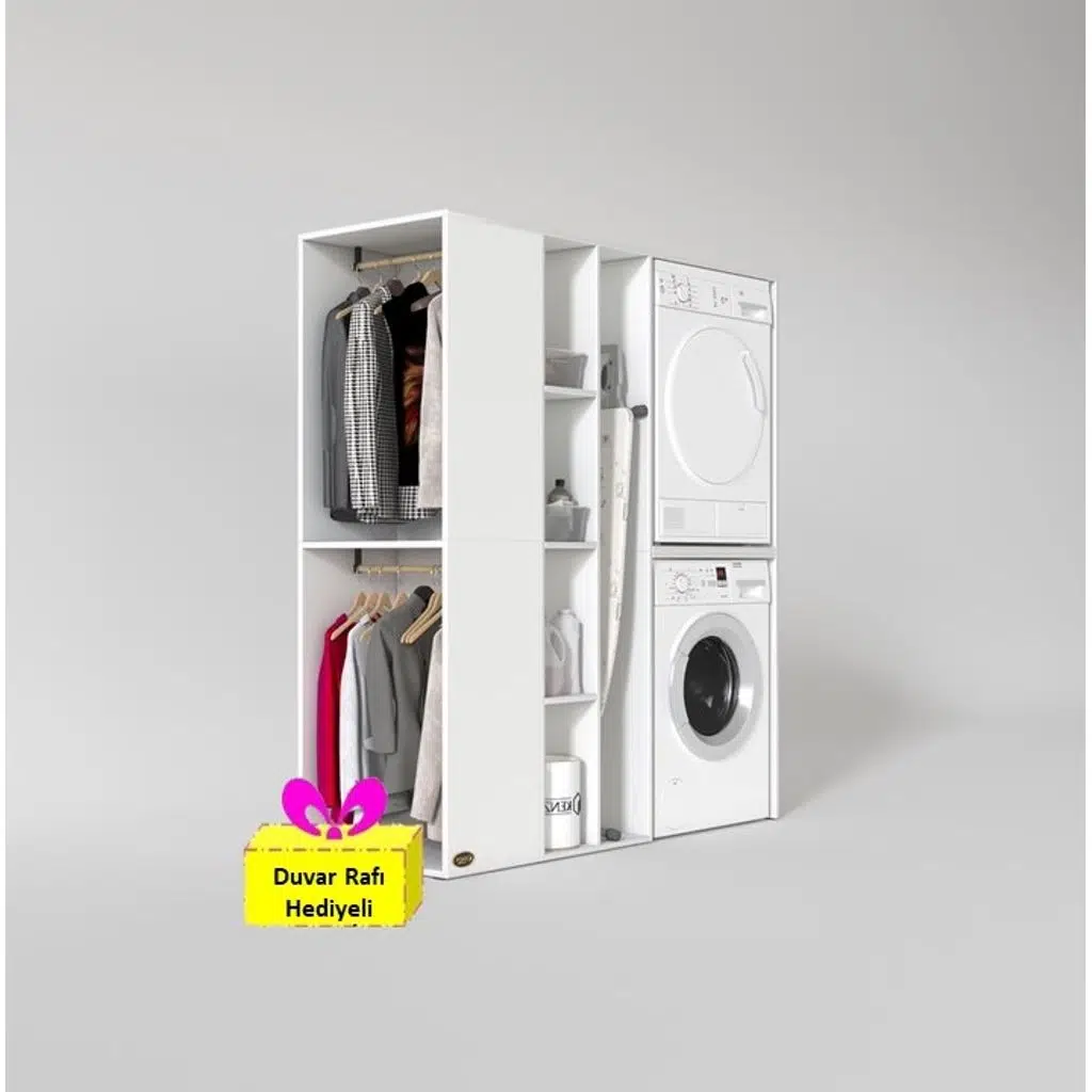 Kenzlife çamaşır-kurutma makinesi dolabı ve giysi dolabı kazvini sol byz 180*160*60 + tekli duvar rafı hediye