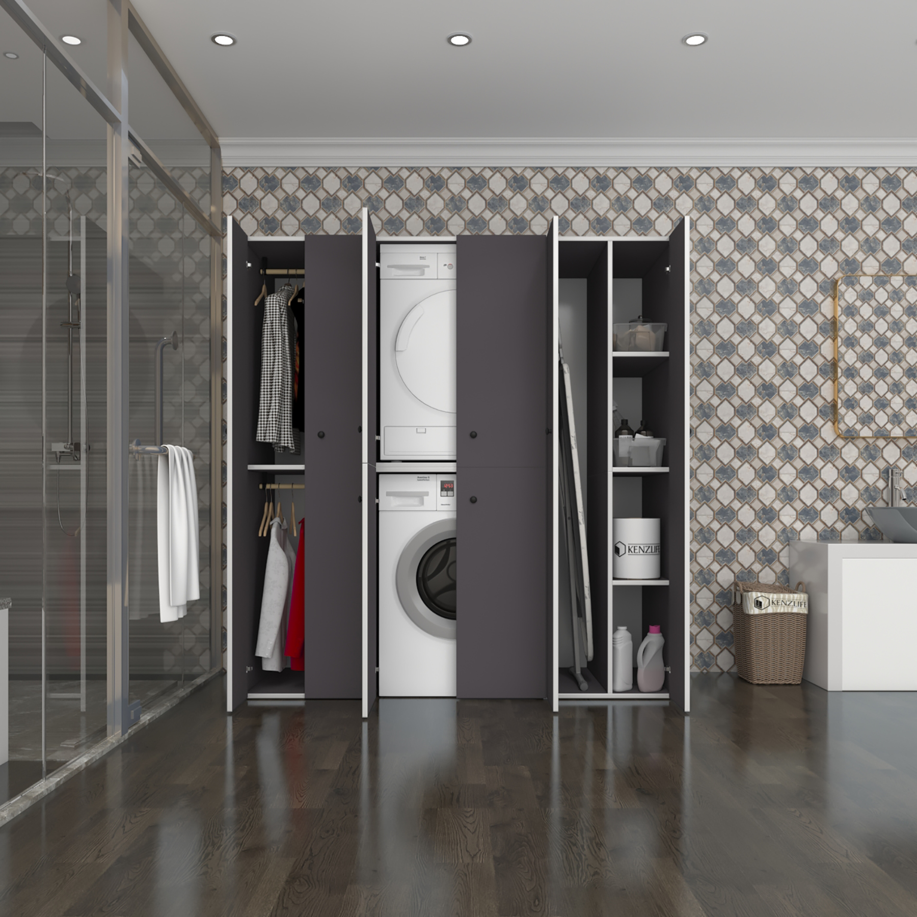 Kenzlife çamaşır-kurutma makinesi dolabı ve giysi dolabı suyuti sağ gri 180*170*60 banyo