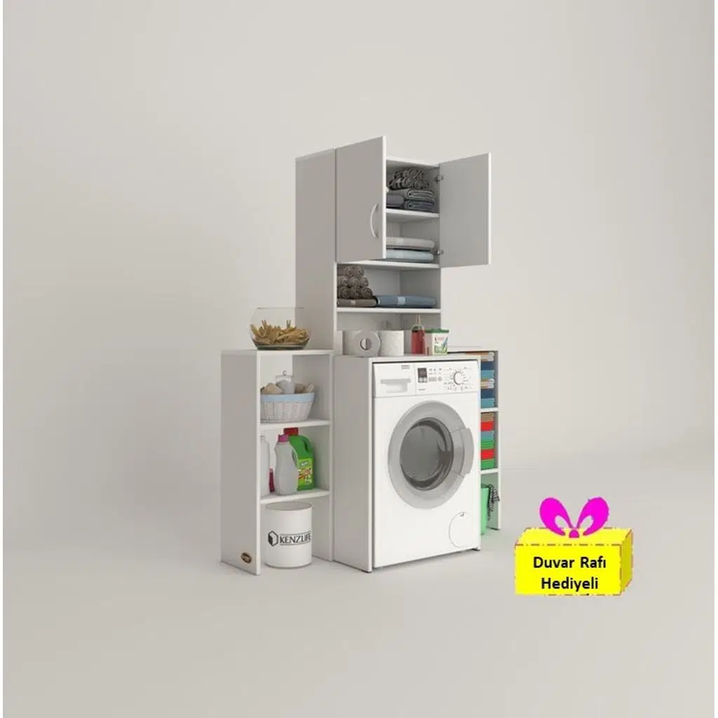 Kenzlife çamaşır makinesi dolabı hayzummaks byz 180*096*55 banyo kiler çift kapaklı arkalıklı + tekli duvar rafı hediyeli
