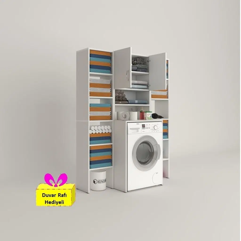 Kenzlife çamaşır makinesi dolabı hayzummaksduble byz 180*126*55 banyo kiler çift kapaklı arkalıklı + tekli duvar rafı hediyeli