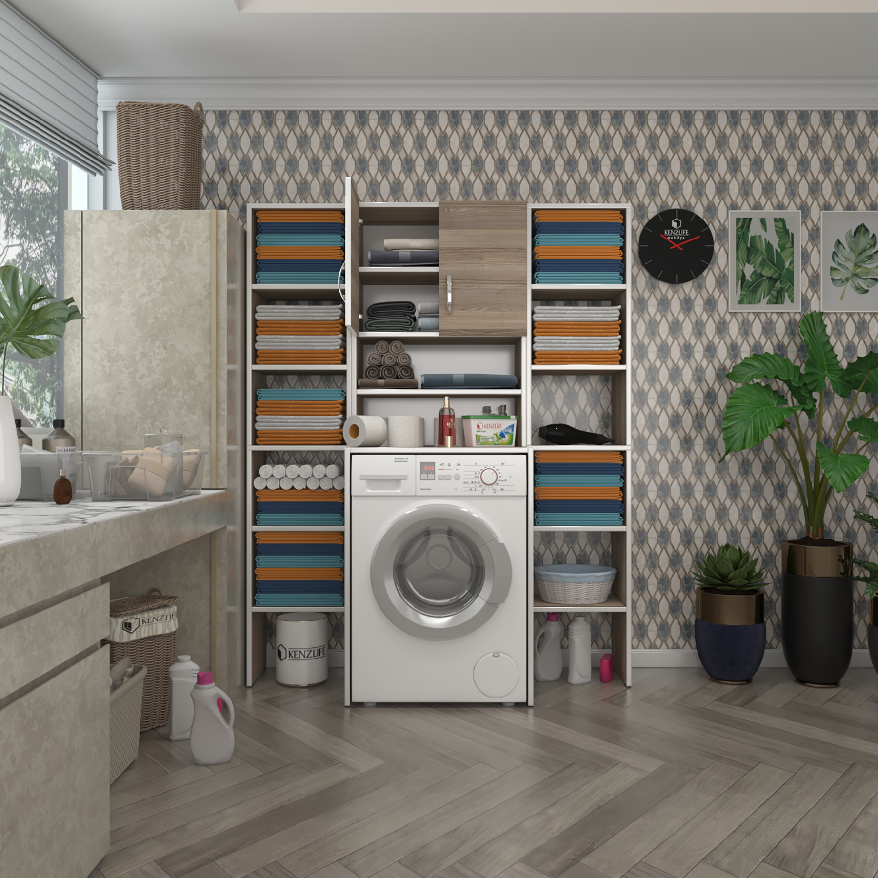 Kenzlife çamaşır makinesi dolabı hayzummaksduble crd 180*126*55 banyo kiler çift kapaklı arkalıklı