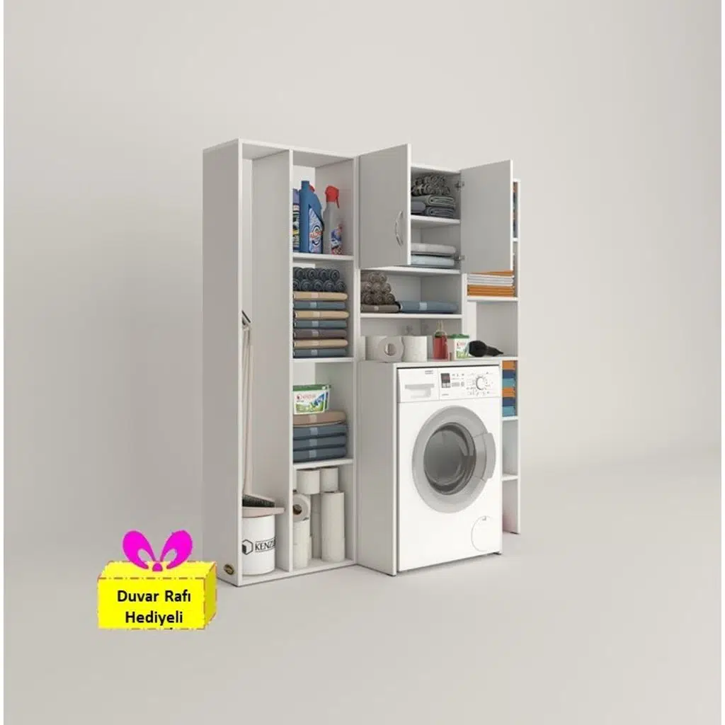 Kenzlife çamaşır makinesi dolabı hayzummega byz 180*156*55 banyo kiler çift kapaklı arkalıklı + tekli duvar rafı hediyeli