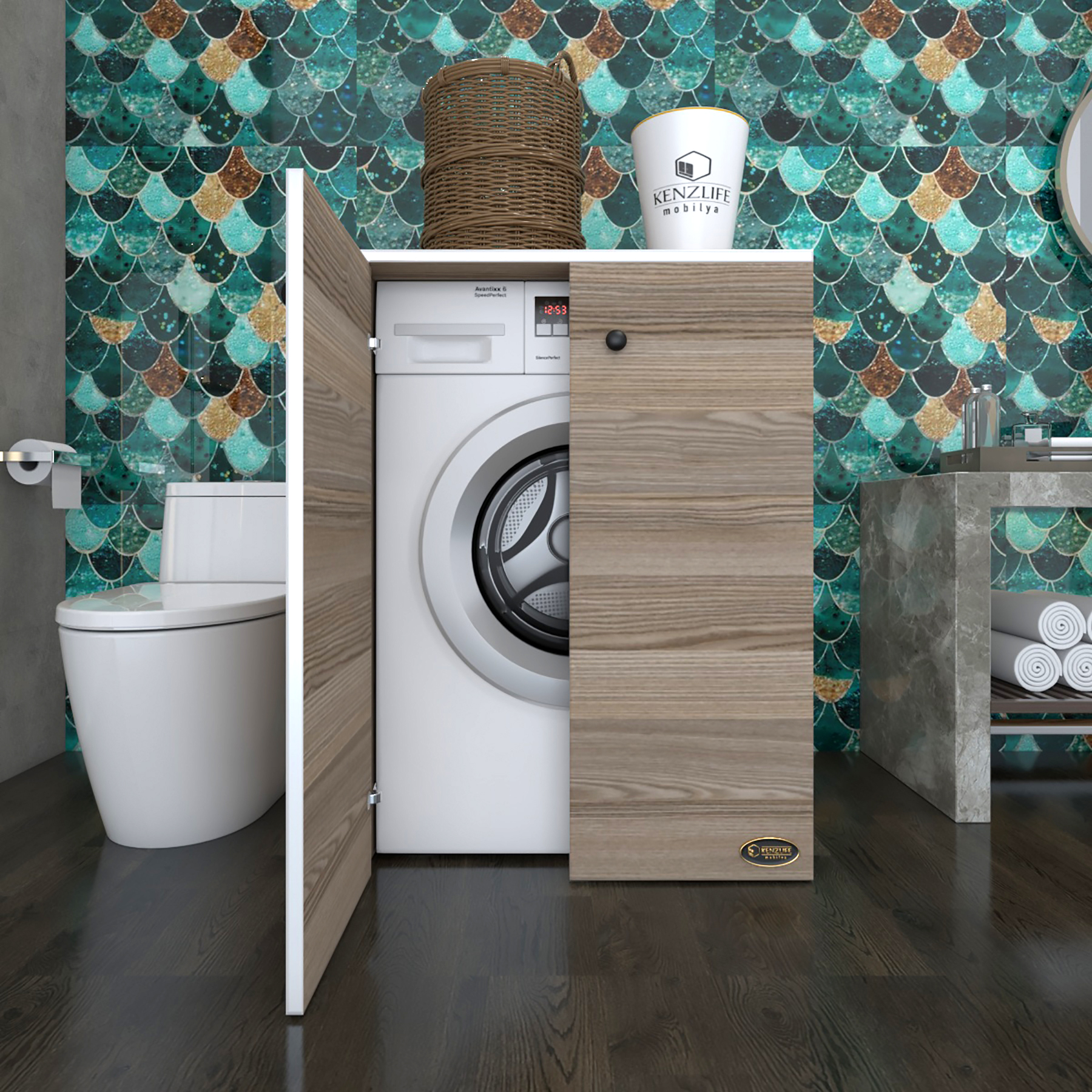 Kenzlife çamaşır makinesi dolabı kapaklı tatyana crd 90*70*60 banyo ofis kapaklı arkalıksız