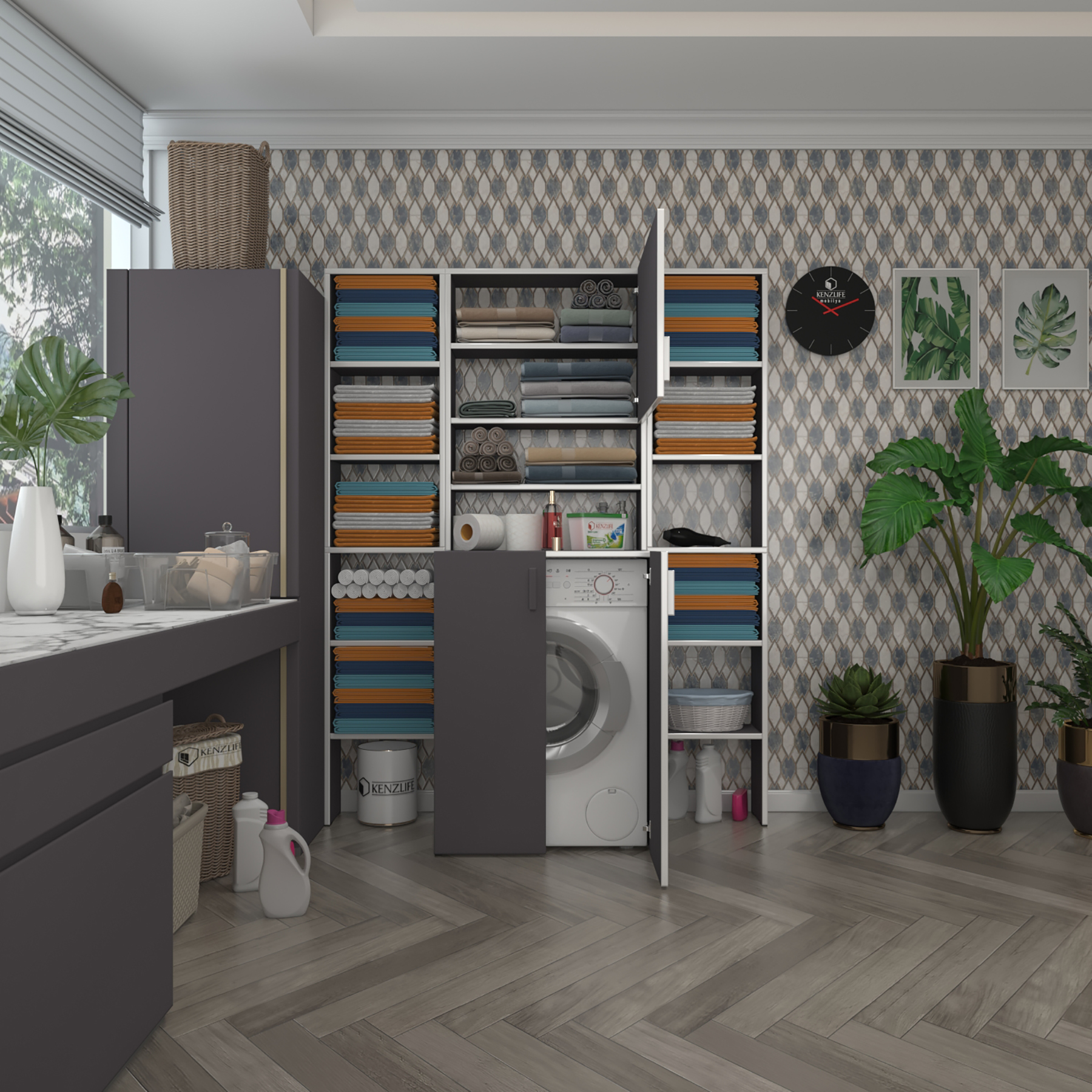 Kenzlife çamaşır makinesi dolabı kasparovmaksduble gri 180*126*55-20 banyo kapaklı arkalıksız
